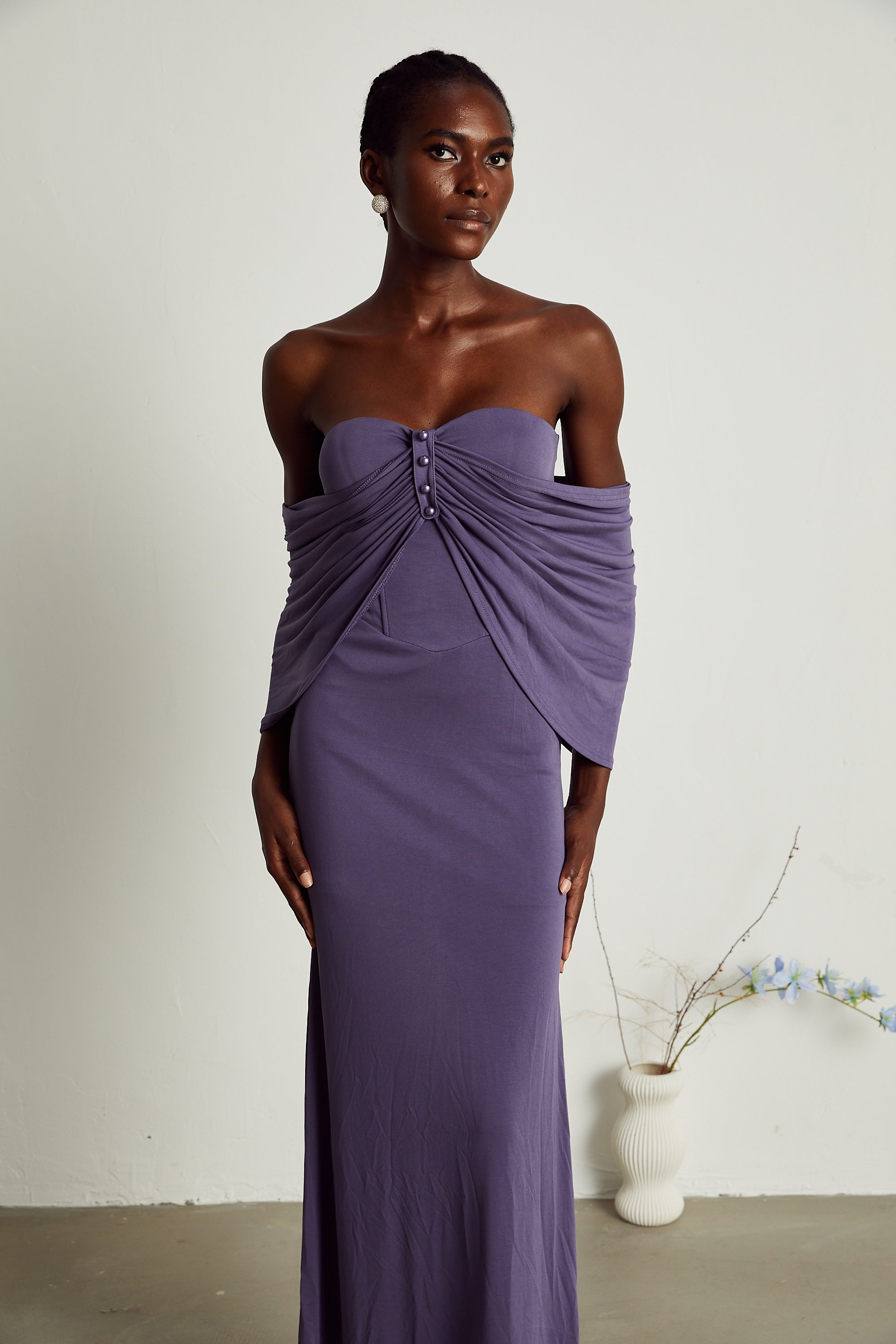 Delphine purple ruched midi dress