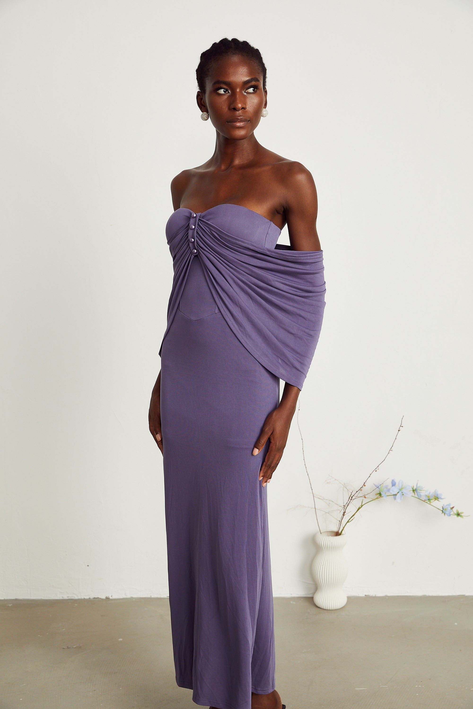 Delphine purple ruched midi dress