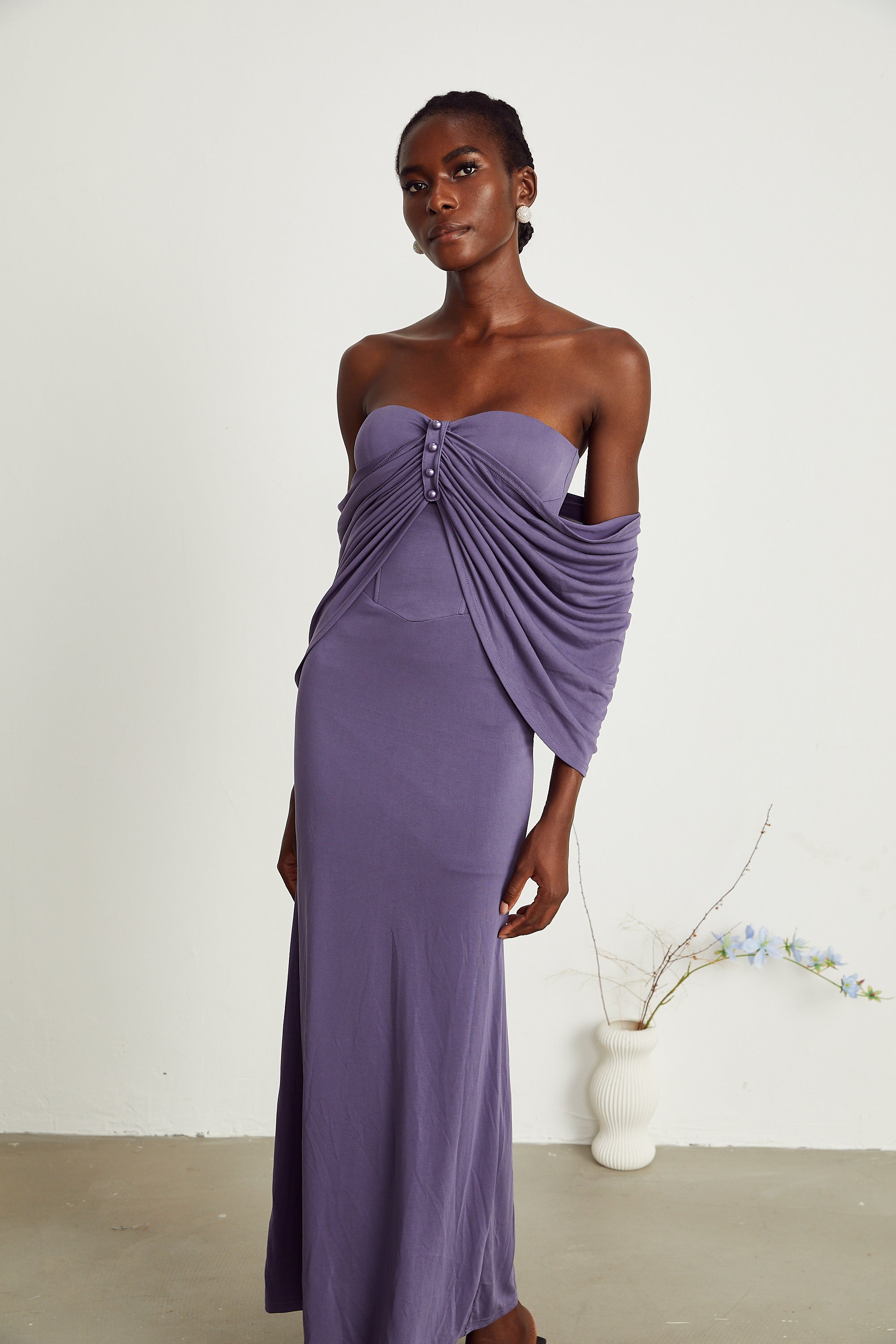 Delphine purple ruched midi dress