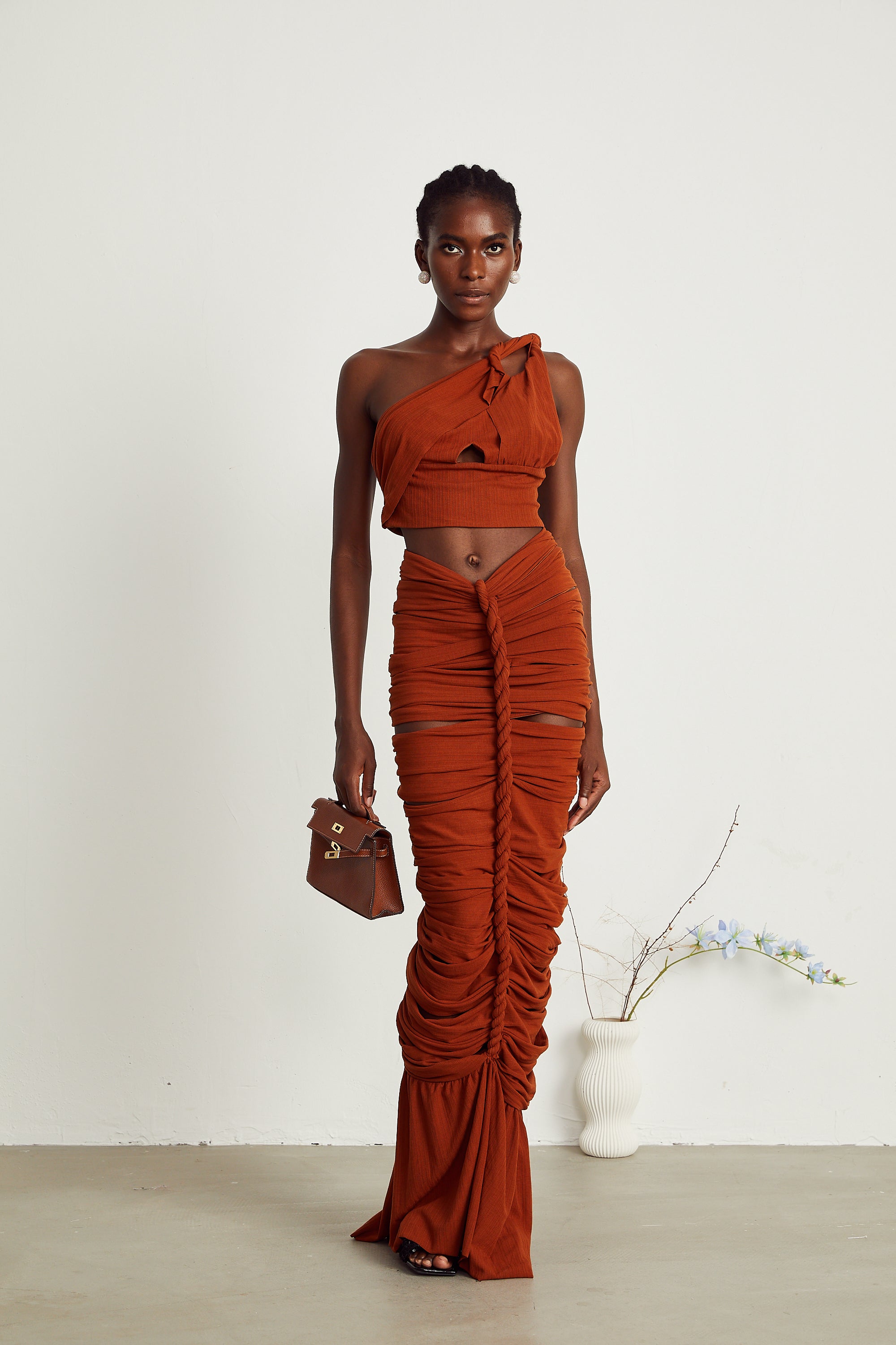 Célestine brown twisted cut-out top & skirt matching set