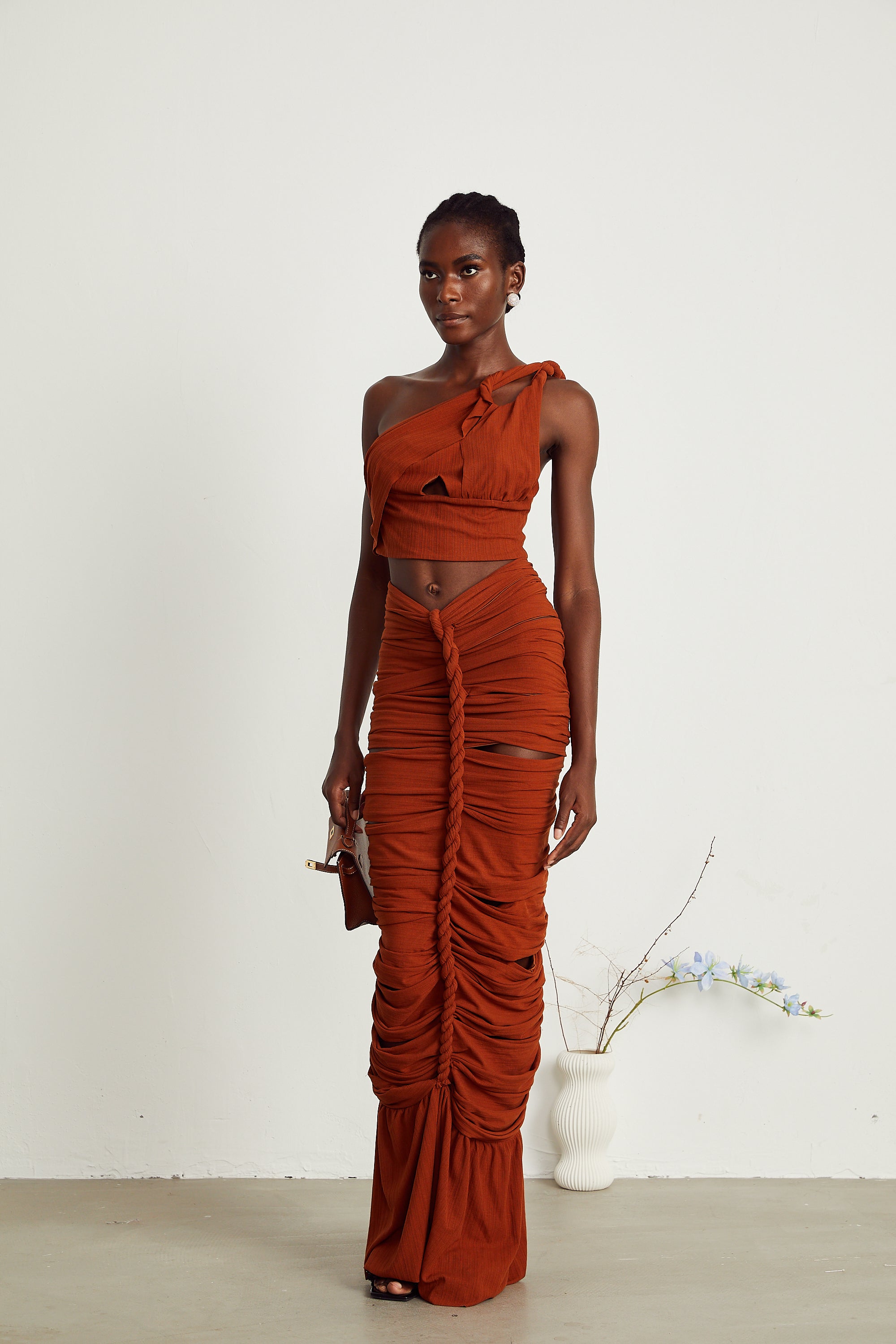 Célestine brown twisted cut-out top & skirt matching set