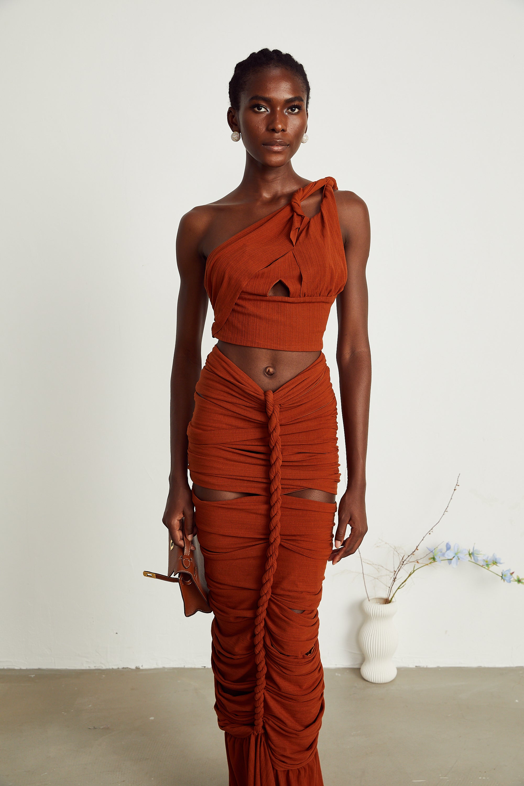 Célestine brown twisted cut-out top & skirt matching set