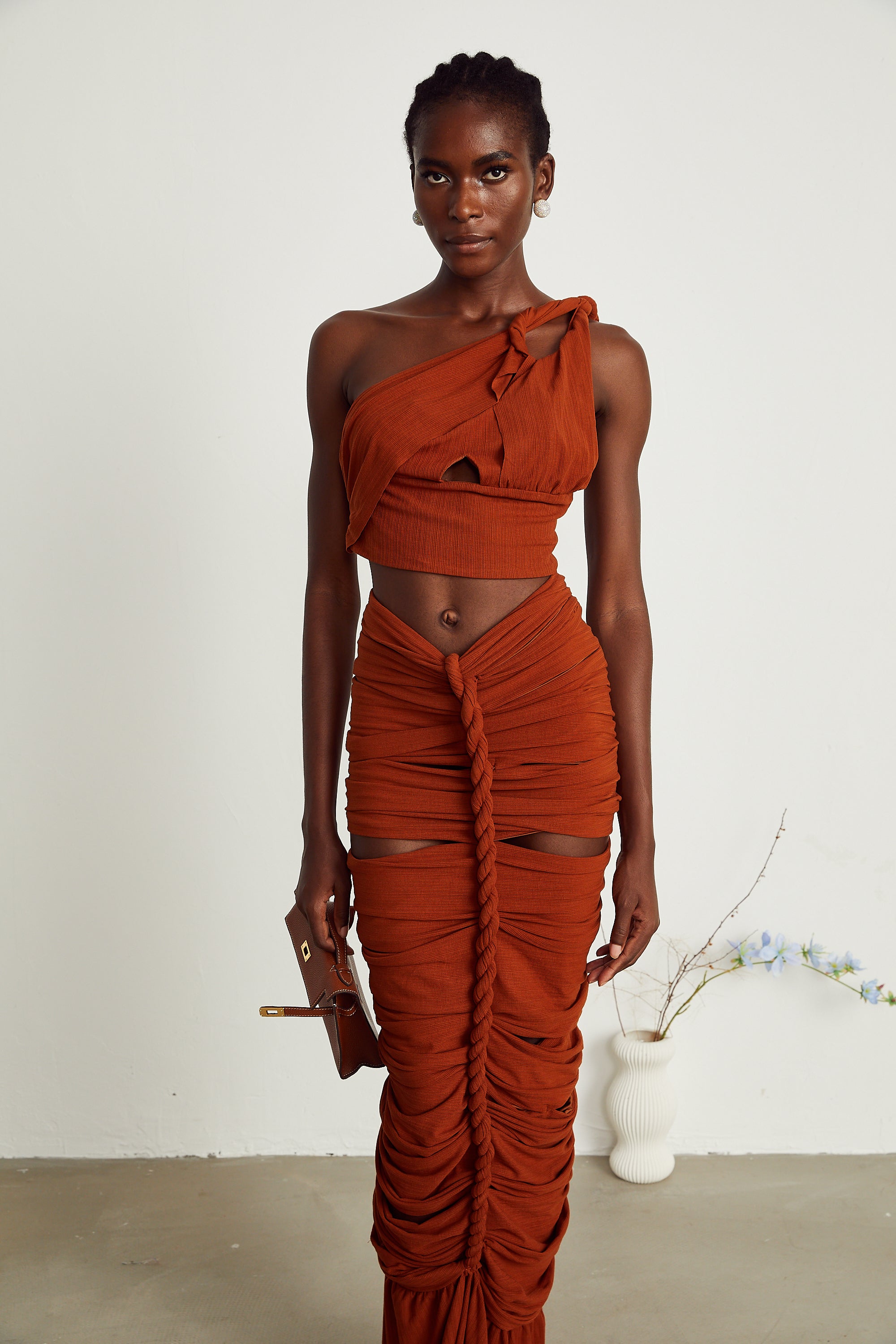 Célestine brown twisted cut-out top & skirt matching set