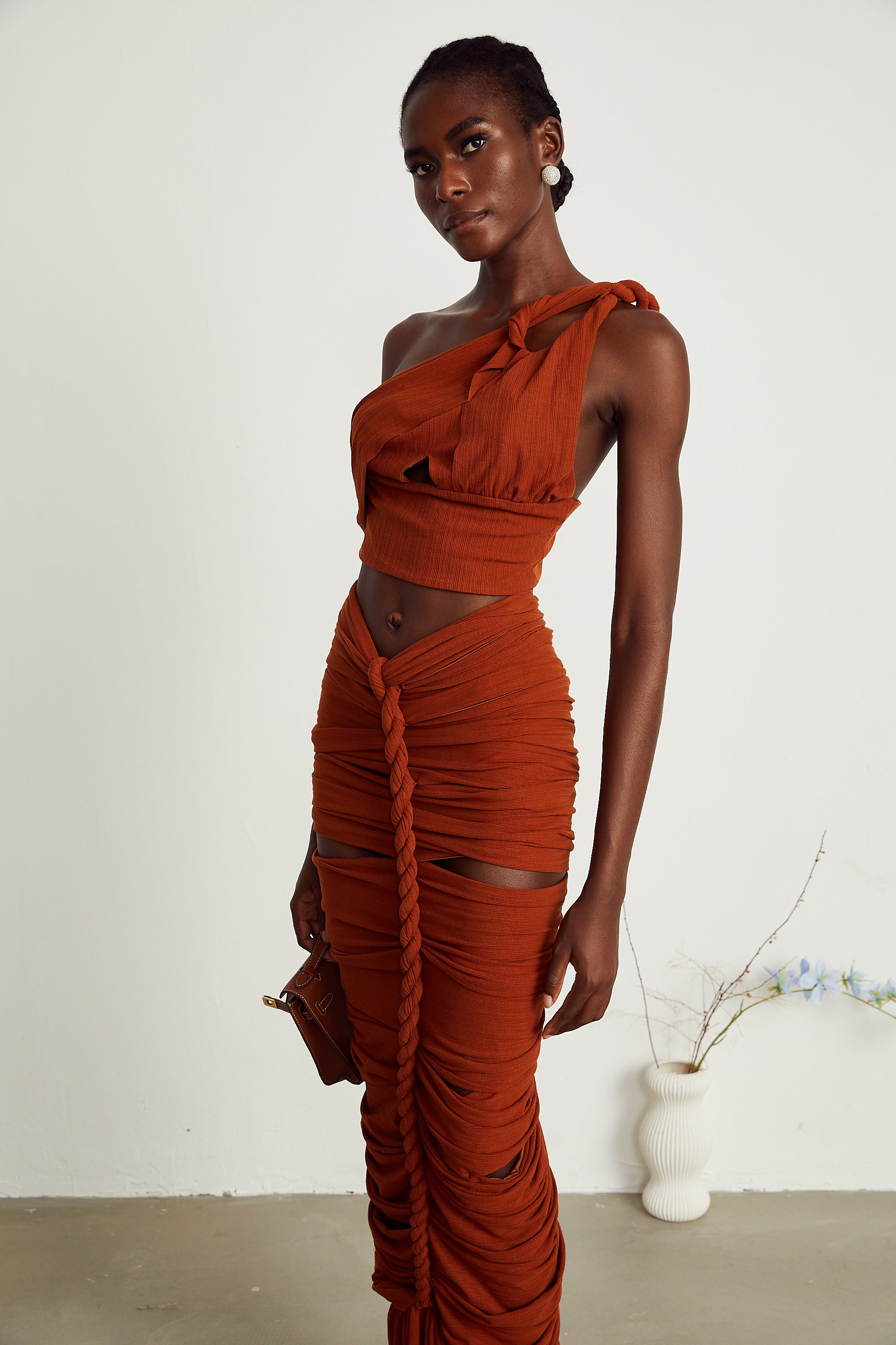 Célestine brown twisted cut-out top & skirt matching set