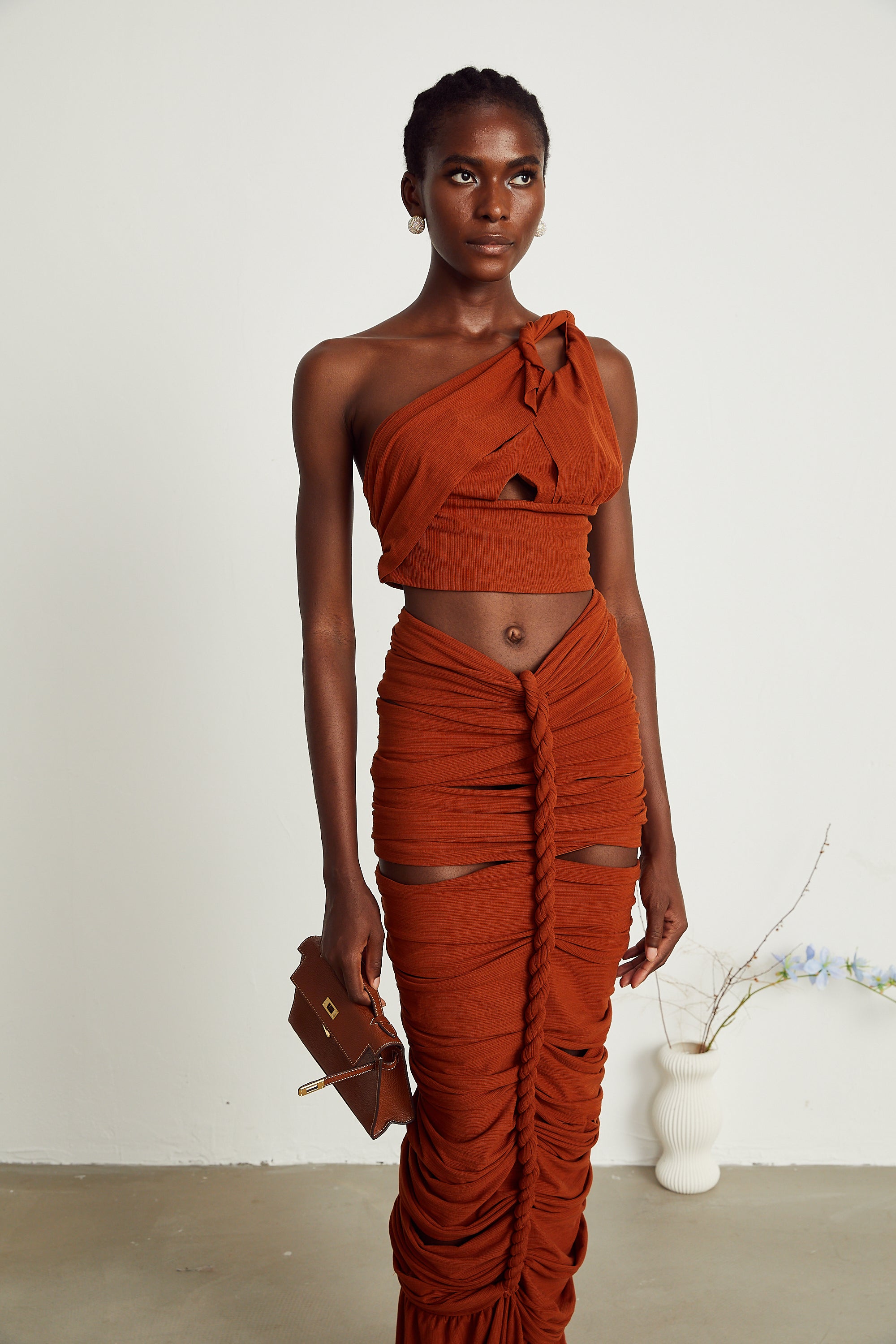 Célestine brown twisted cut-out top & skirt matching set