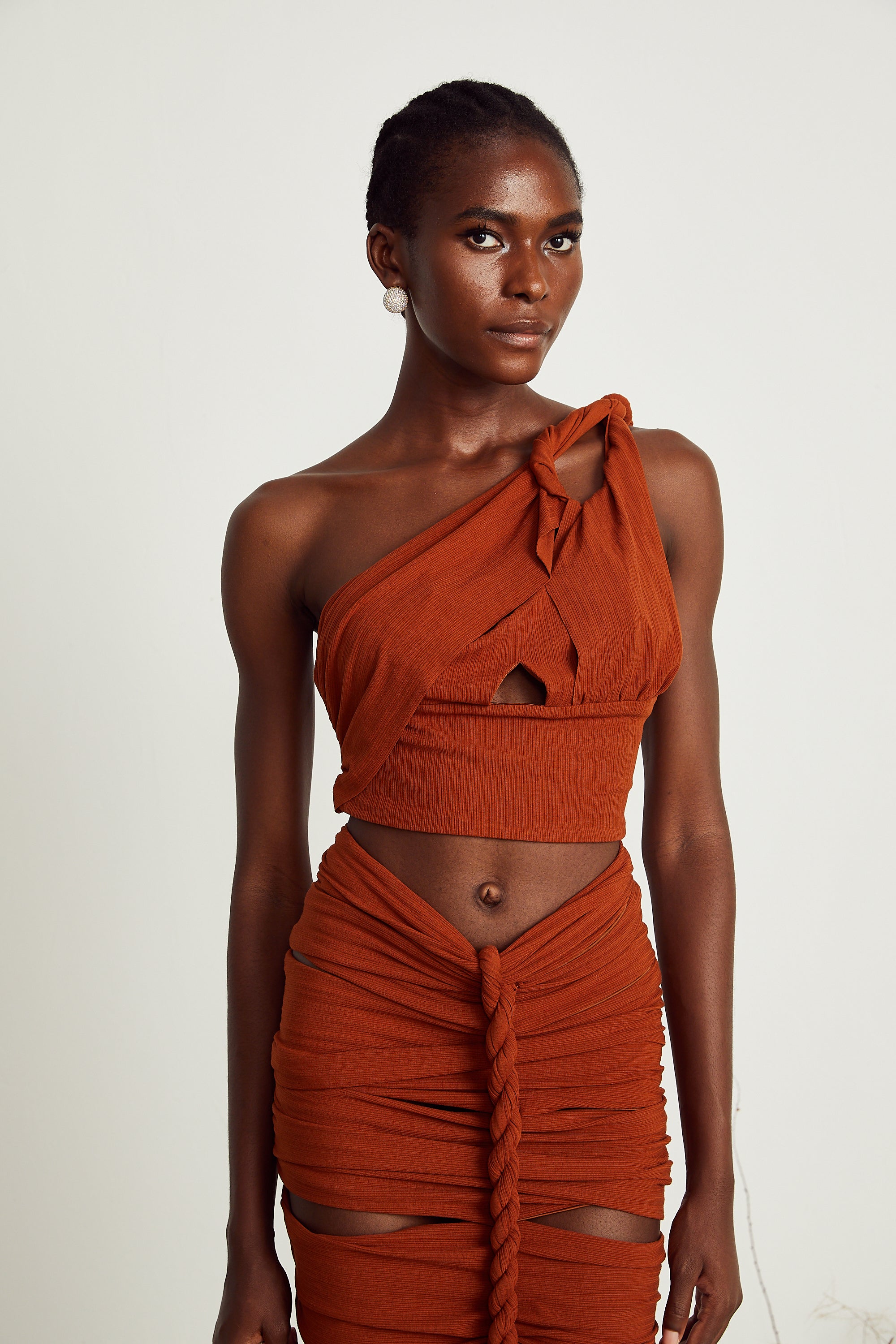 Célestine brown twisted cut-out top & skirt matching set