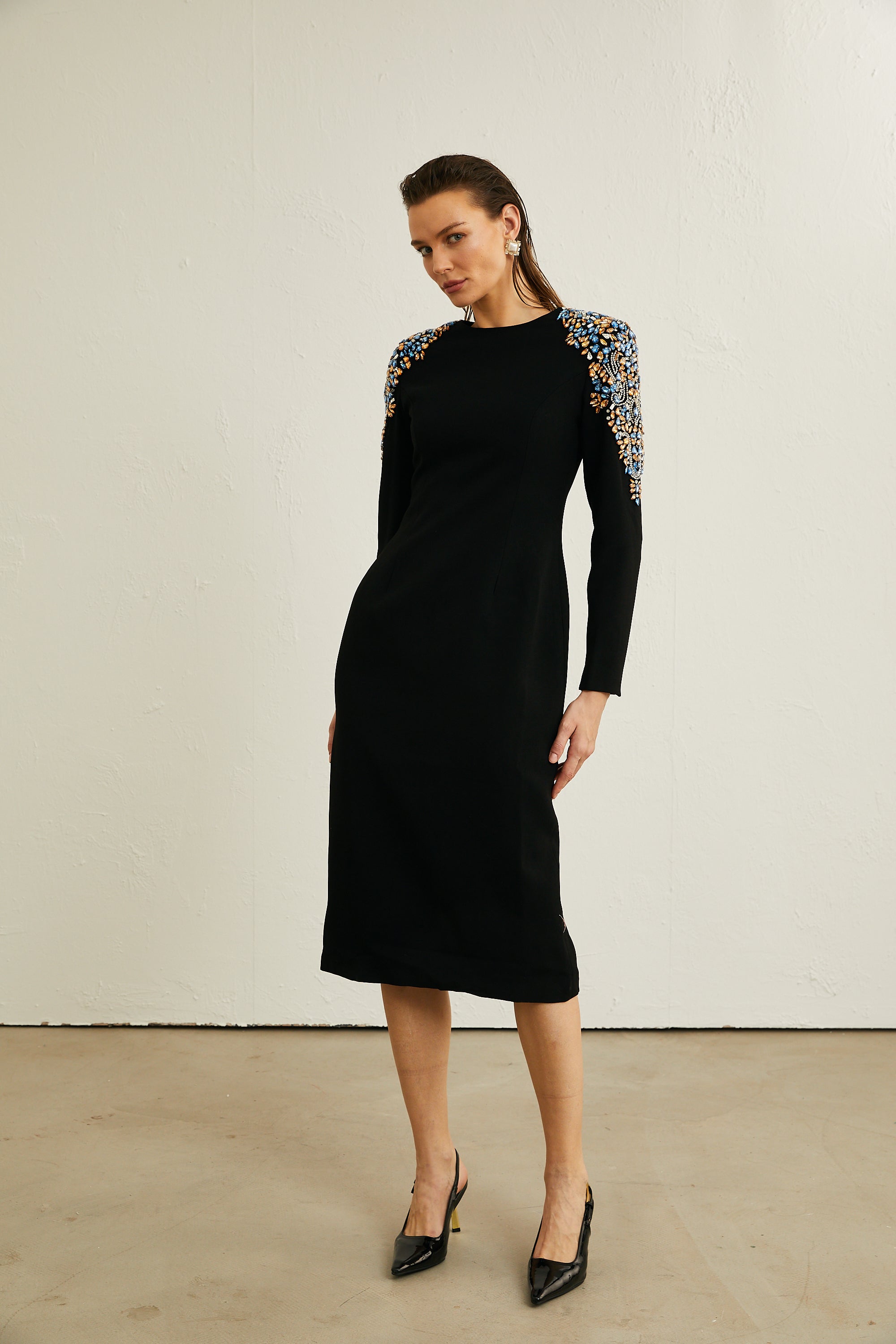 Maëlys black crystal-embellished midi dress