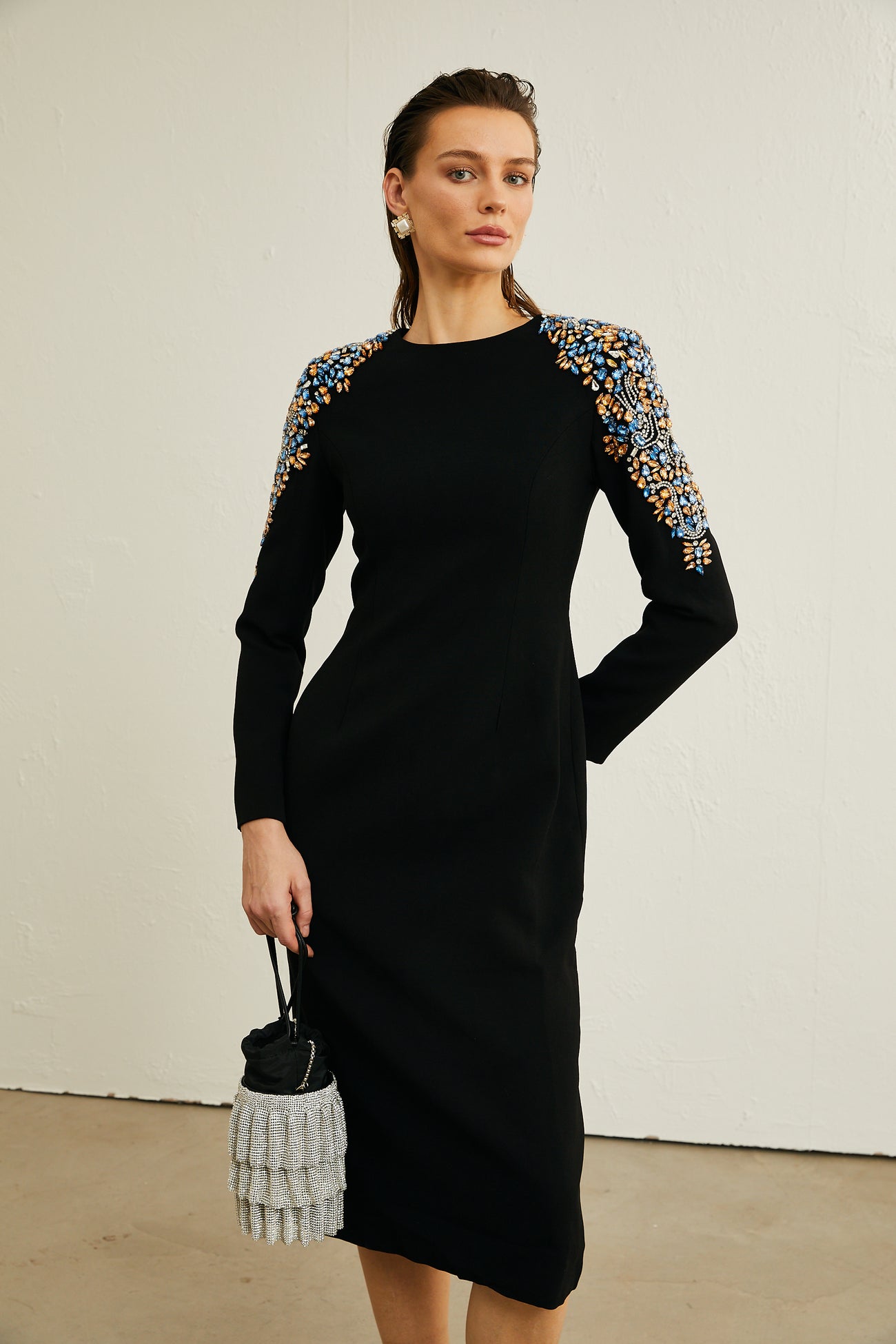 Black Crystal Cutout Midi Dress