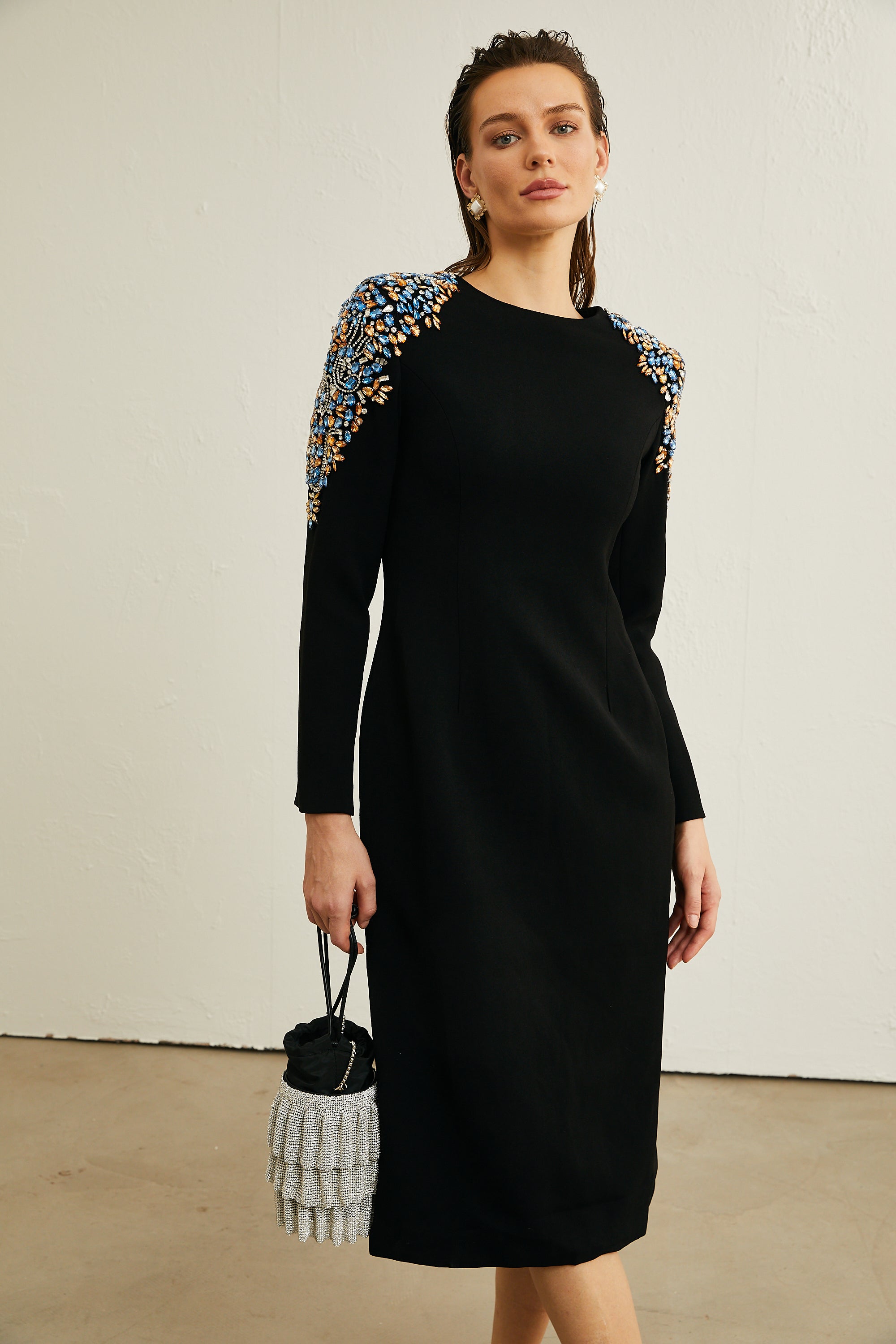 Maëlys black crystal-embellished midi dress