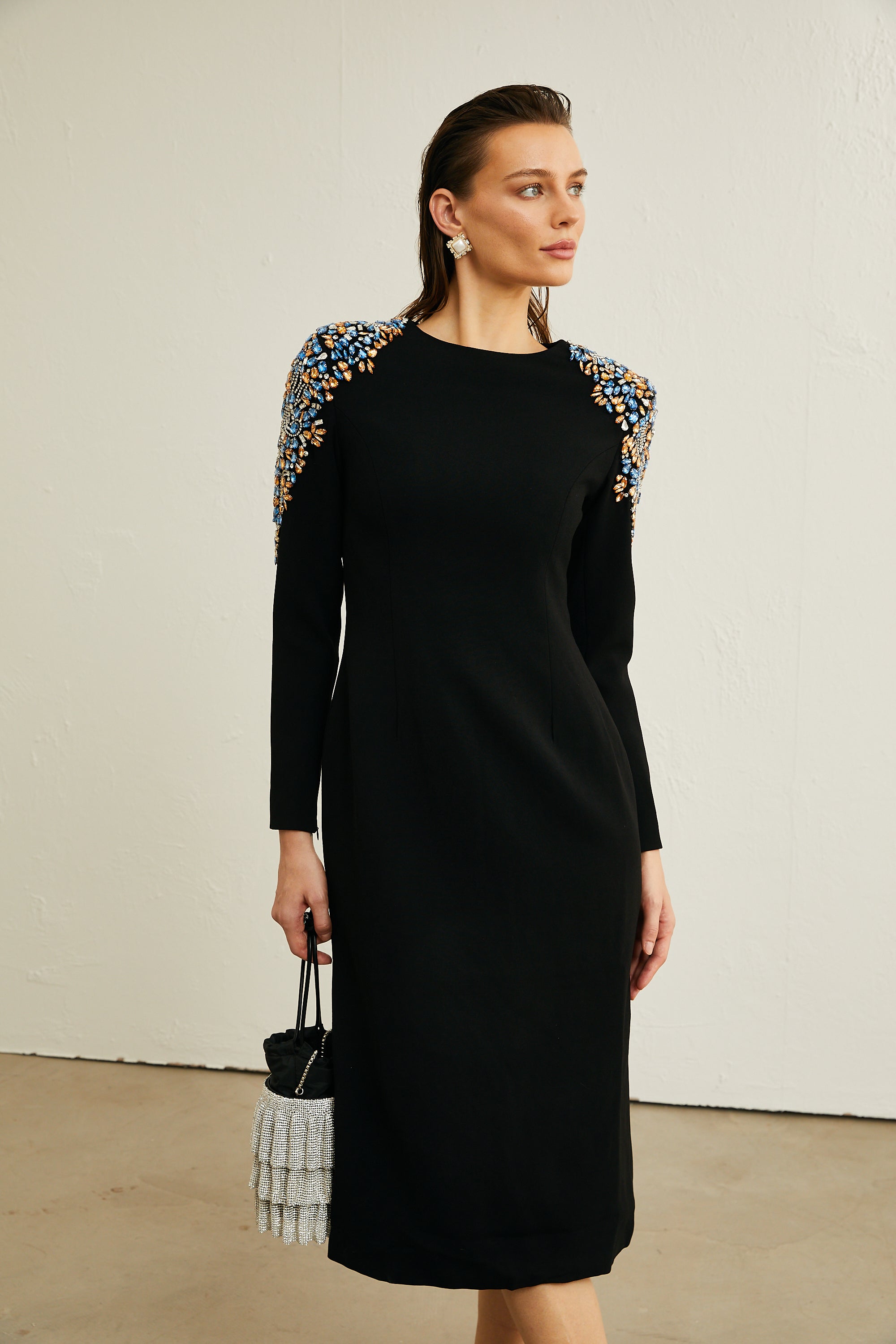 Maëlys black crystal-embellished midi dress