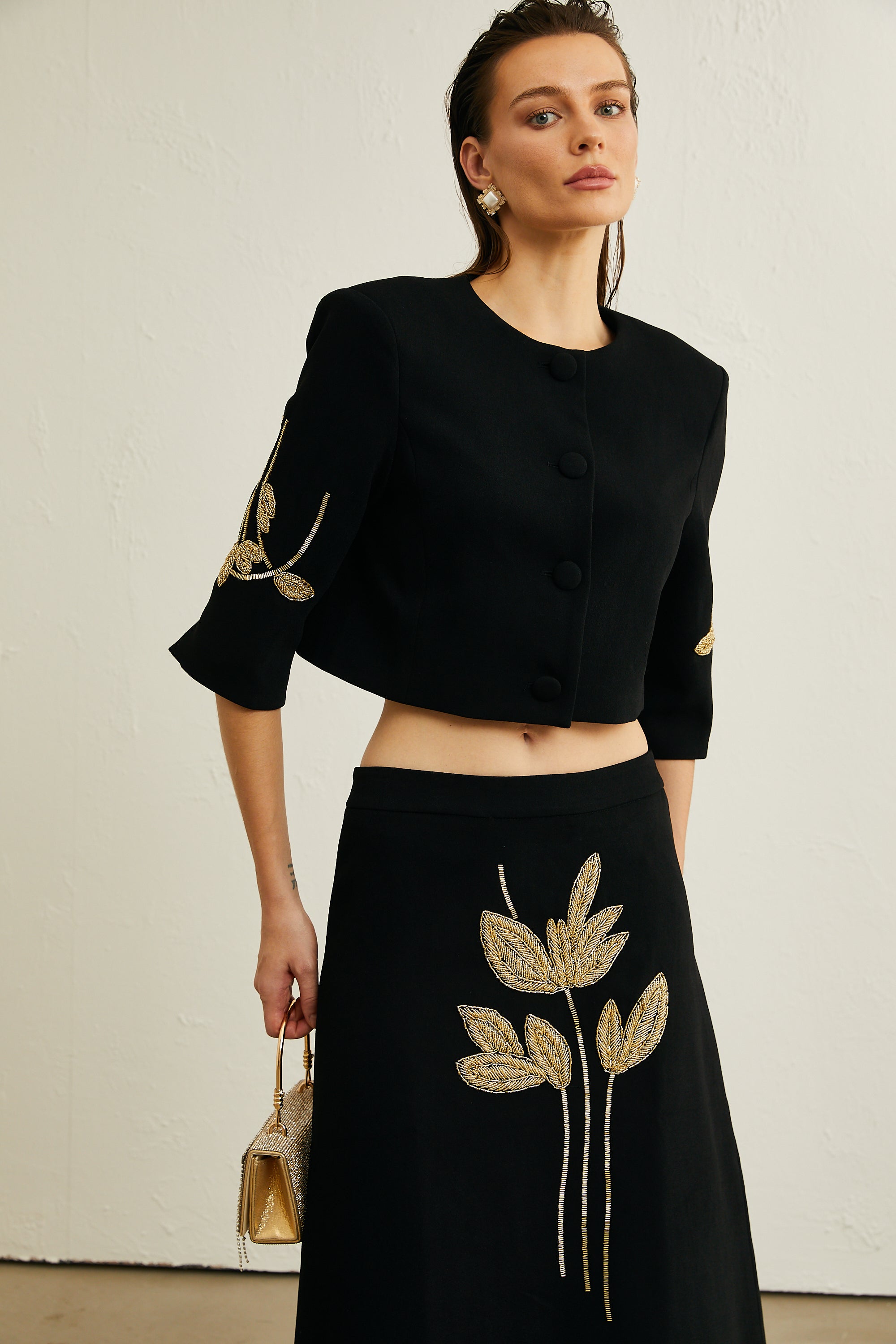 Pauline black floral-appliqué jacket & skirt matching set