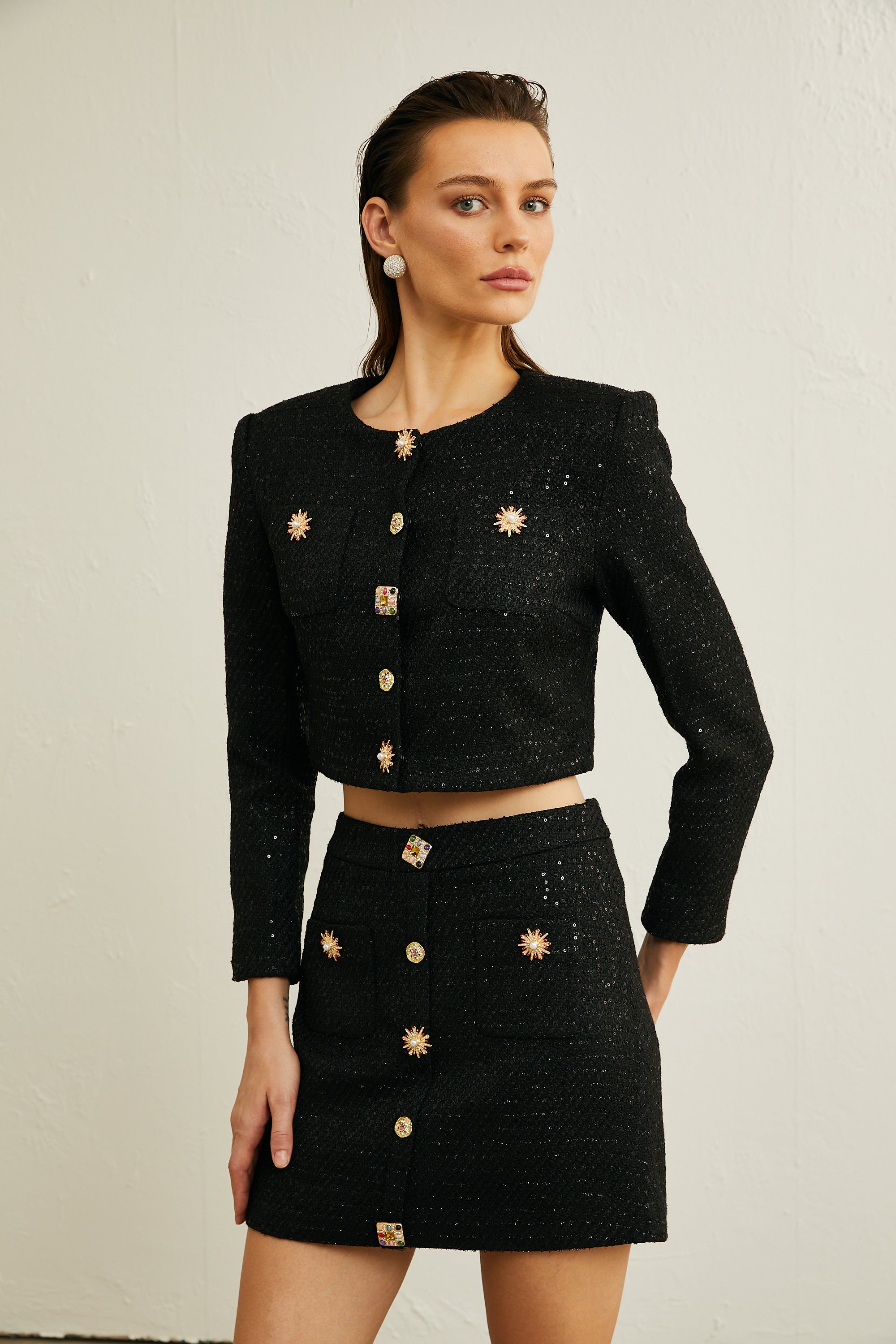 Patricia black sequined jacket & skirt matching set