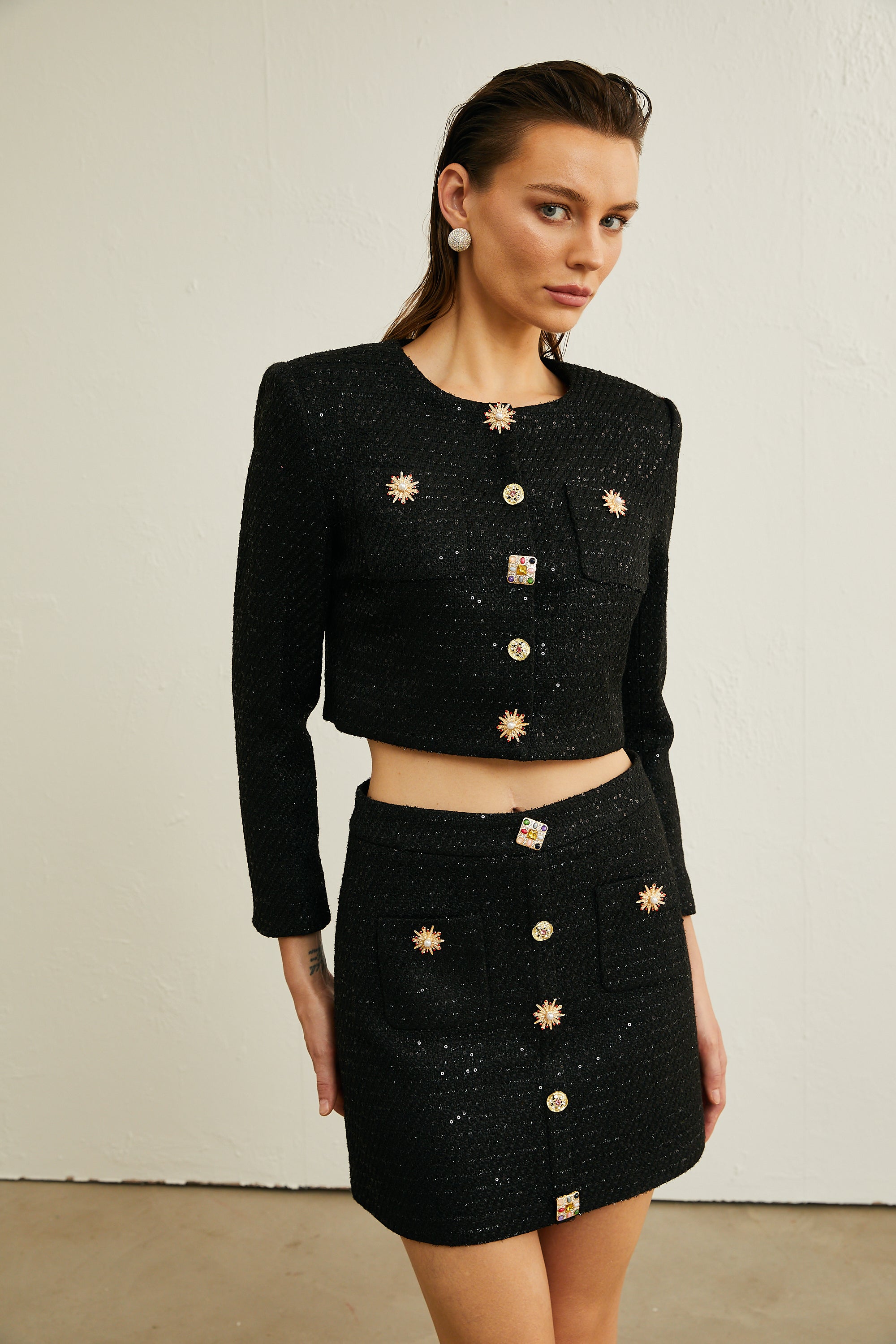 Patricia black sequined jacket & skirt matching set