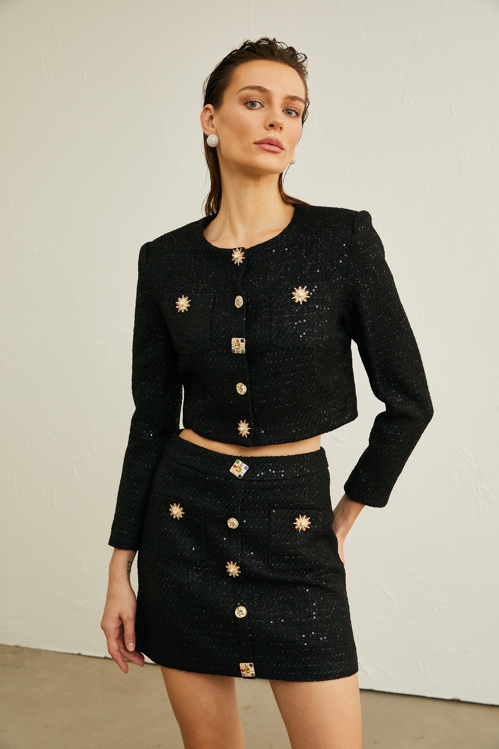 Patricia black sequined jacket & skirt matching set