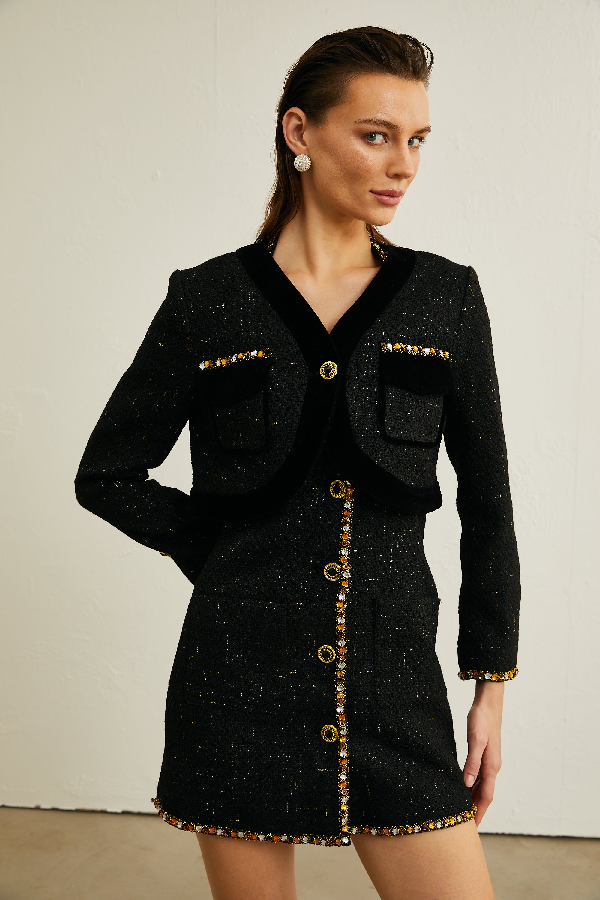 Cécile black tweed cardigan & dress matching set