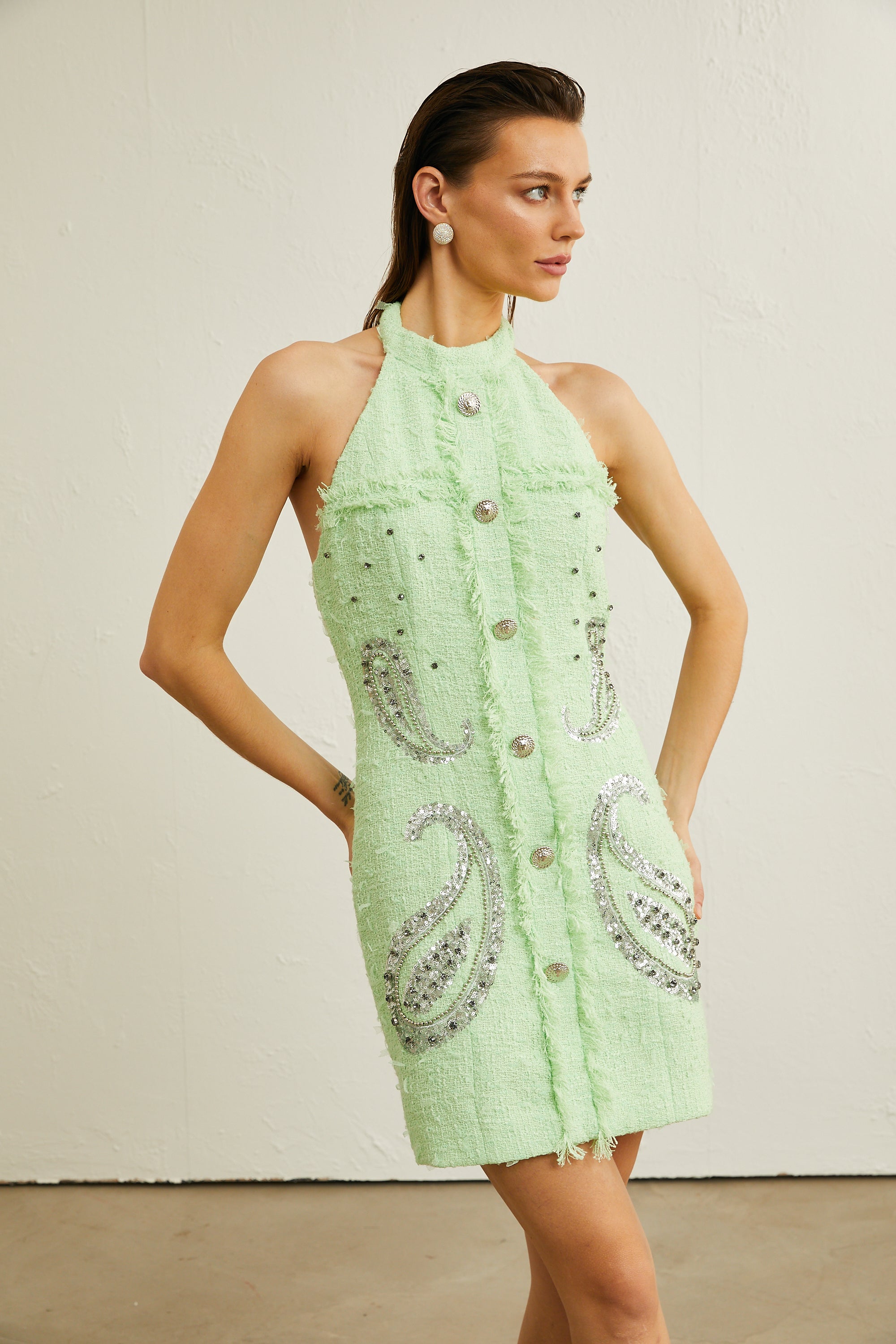 Hélène green halterneck fringed mini dress