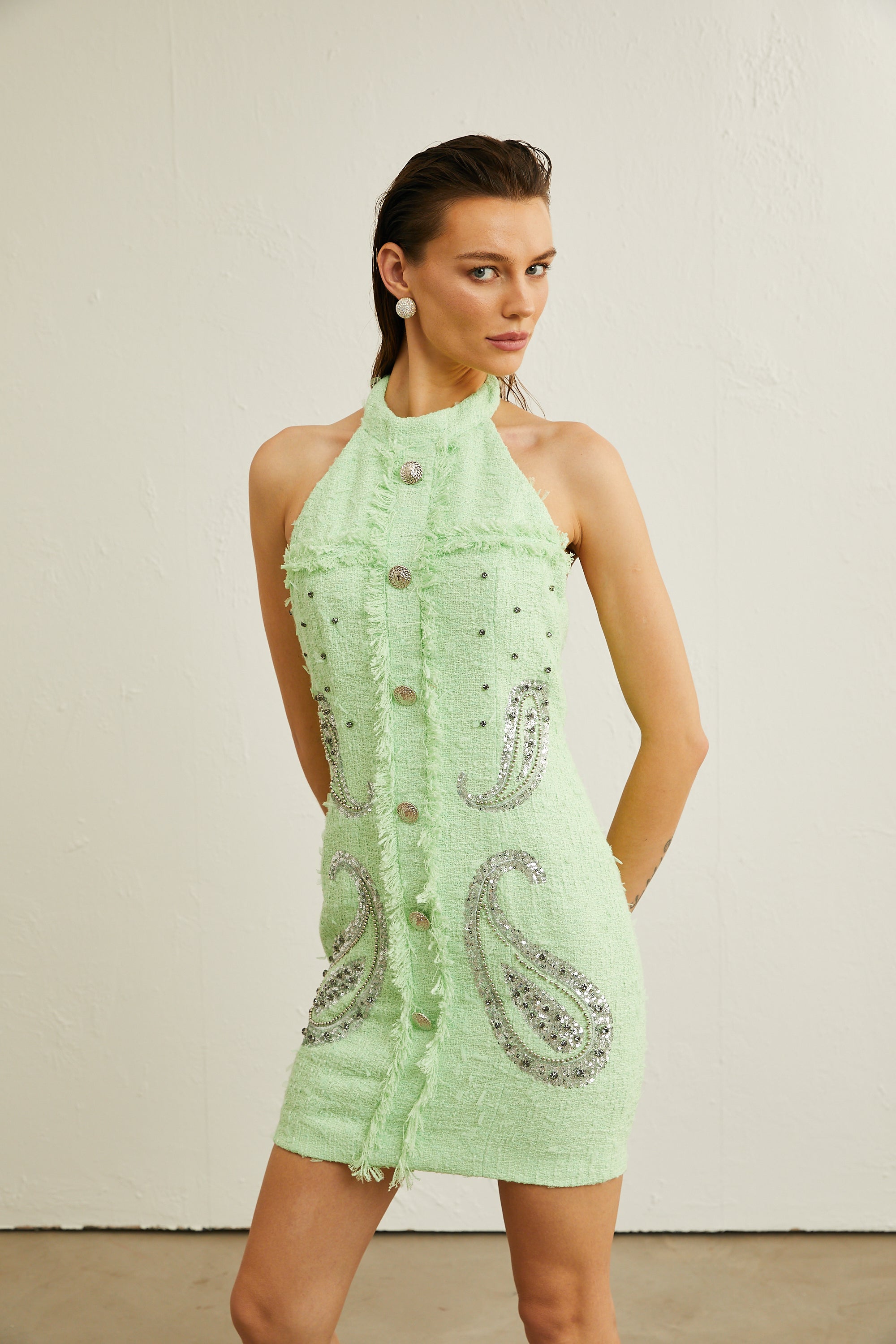 Hélène green halterneck fringed mini dress