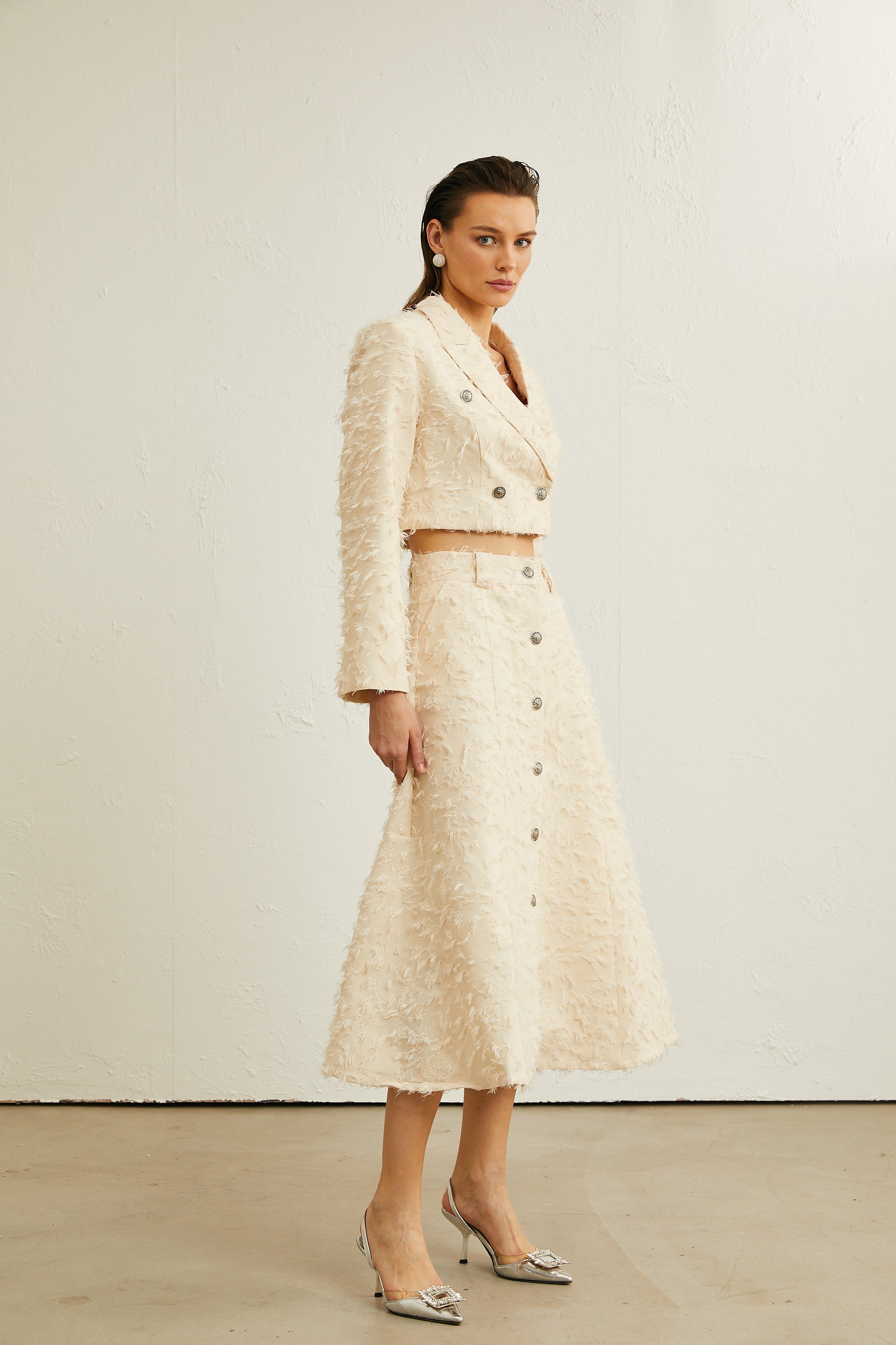 Karine white fringed jacket & skirt matching set