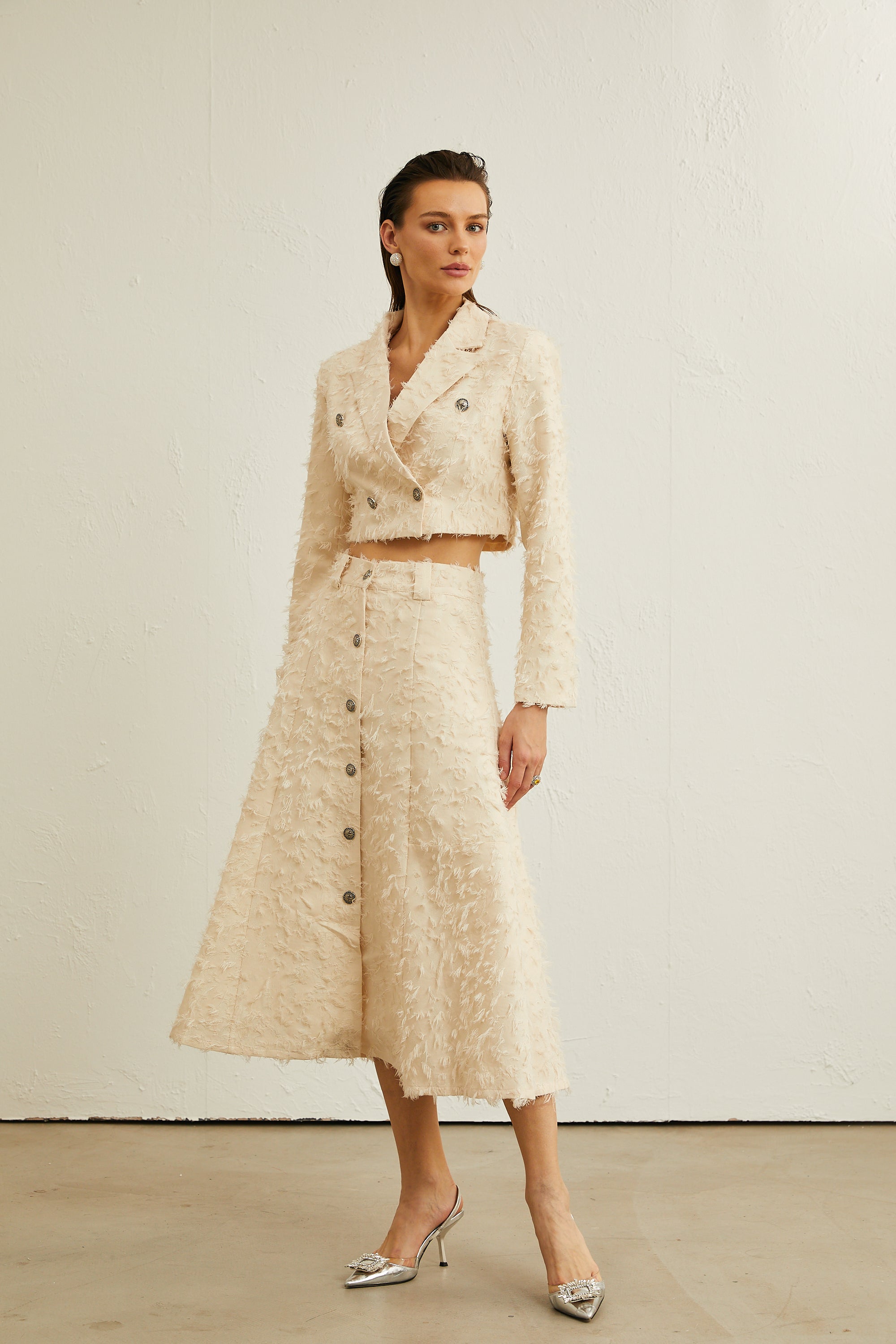 Karine white fringed jacket & skirt matching set