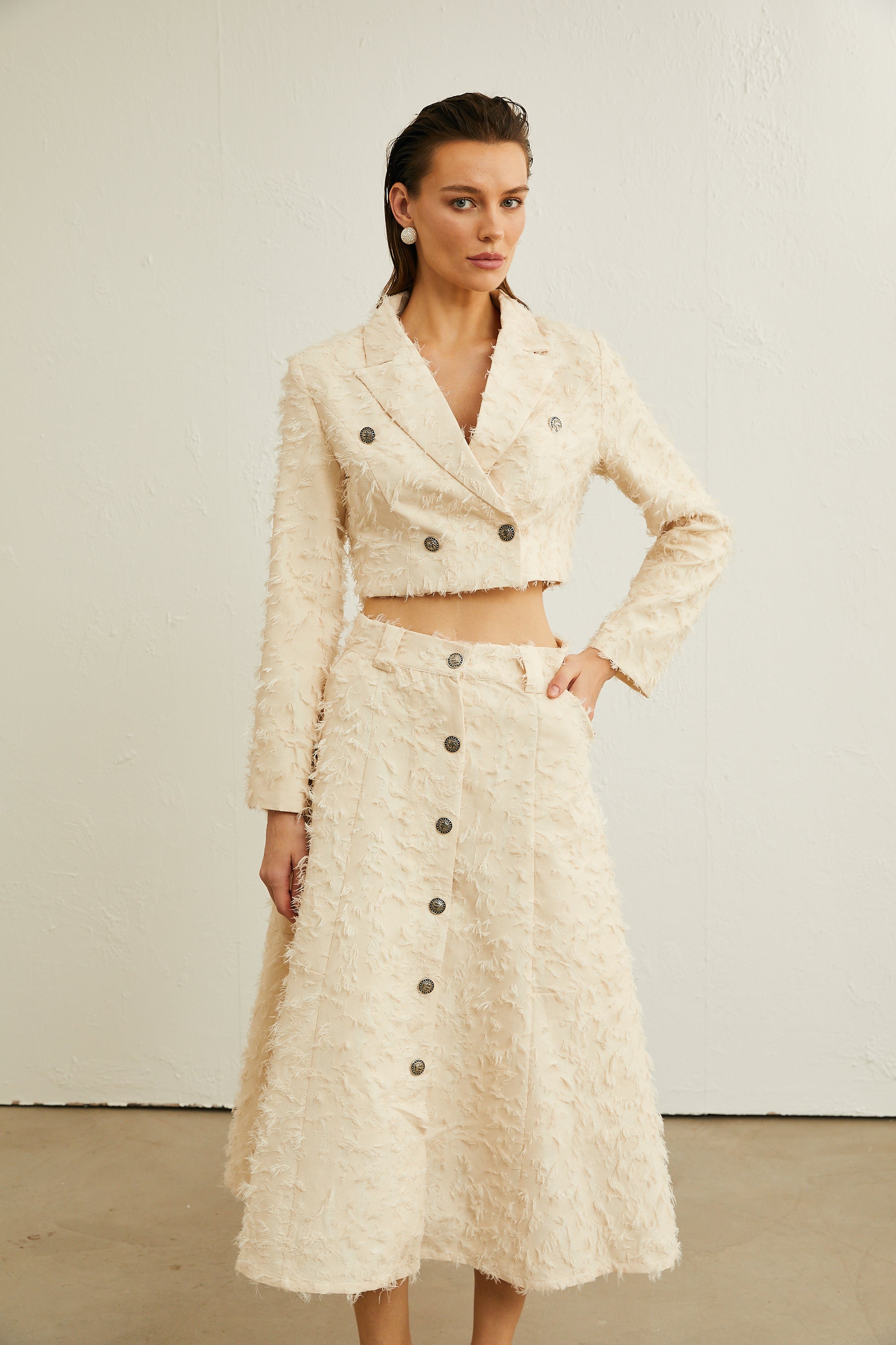 Karine white fringed jacket & skirt matching set