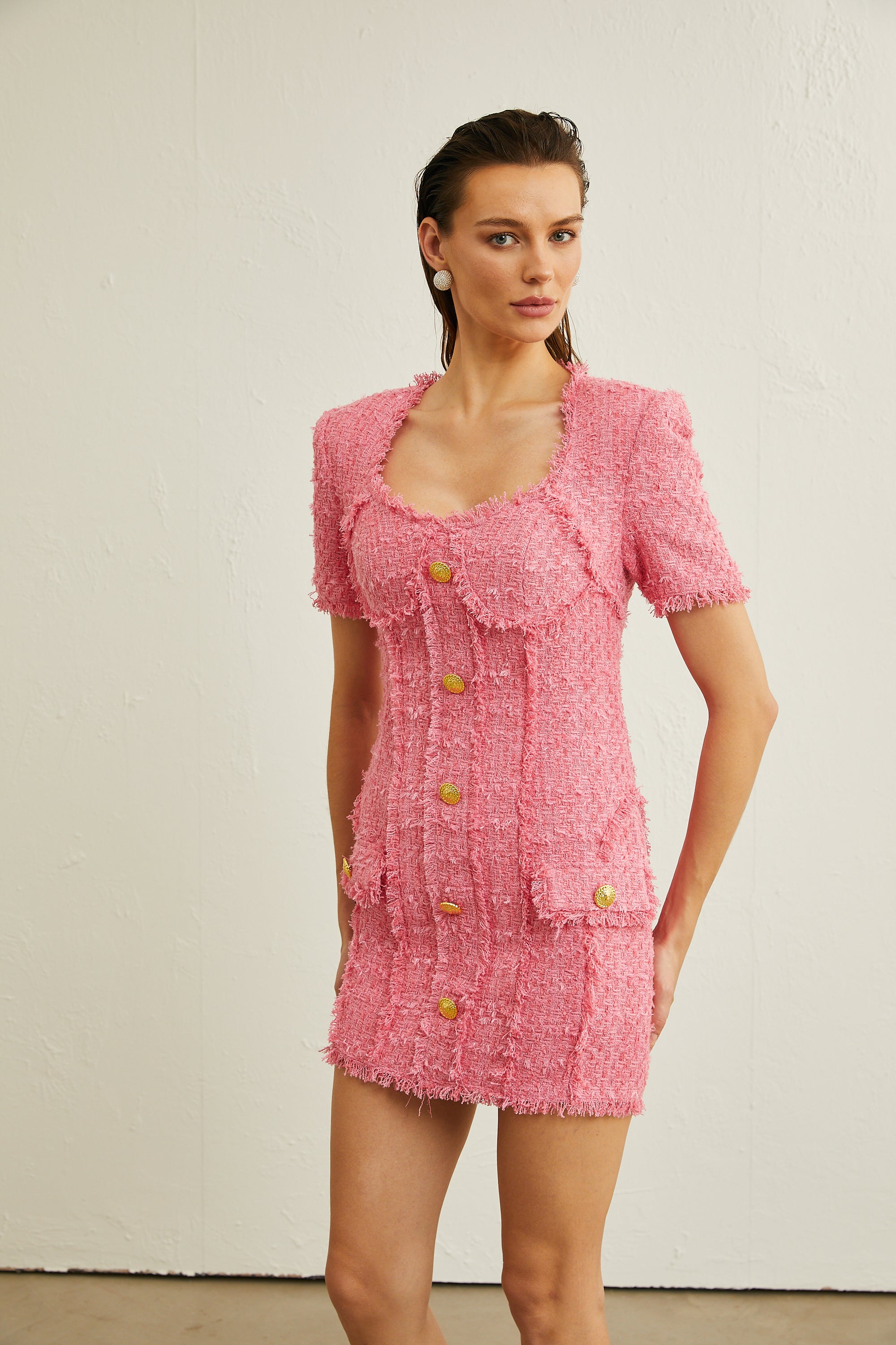 Morgane pink frayed bustier mini dress