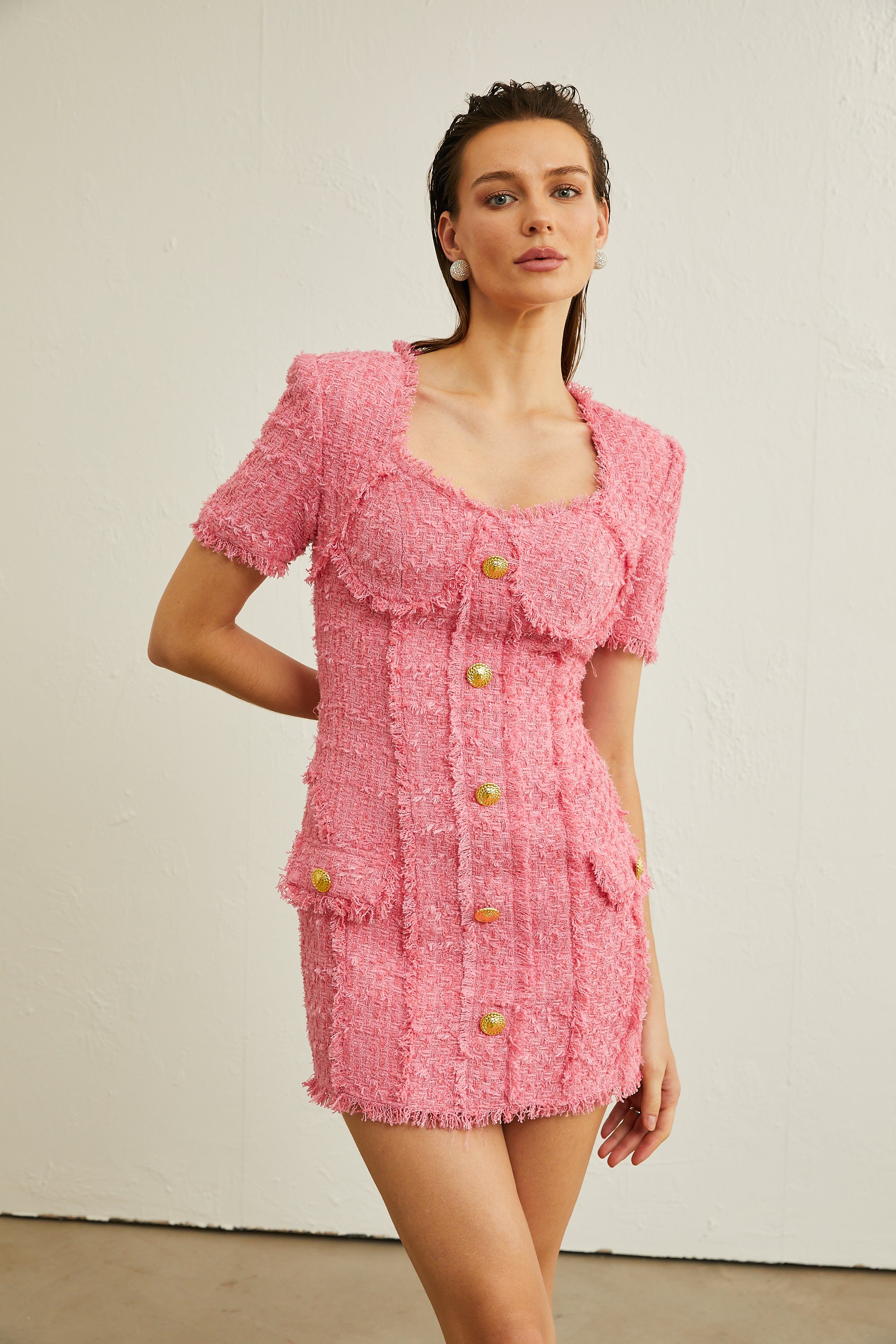 Morgane pink frayed bustier mini dress