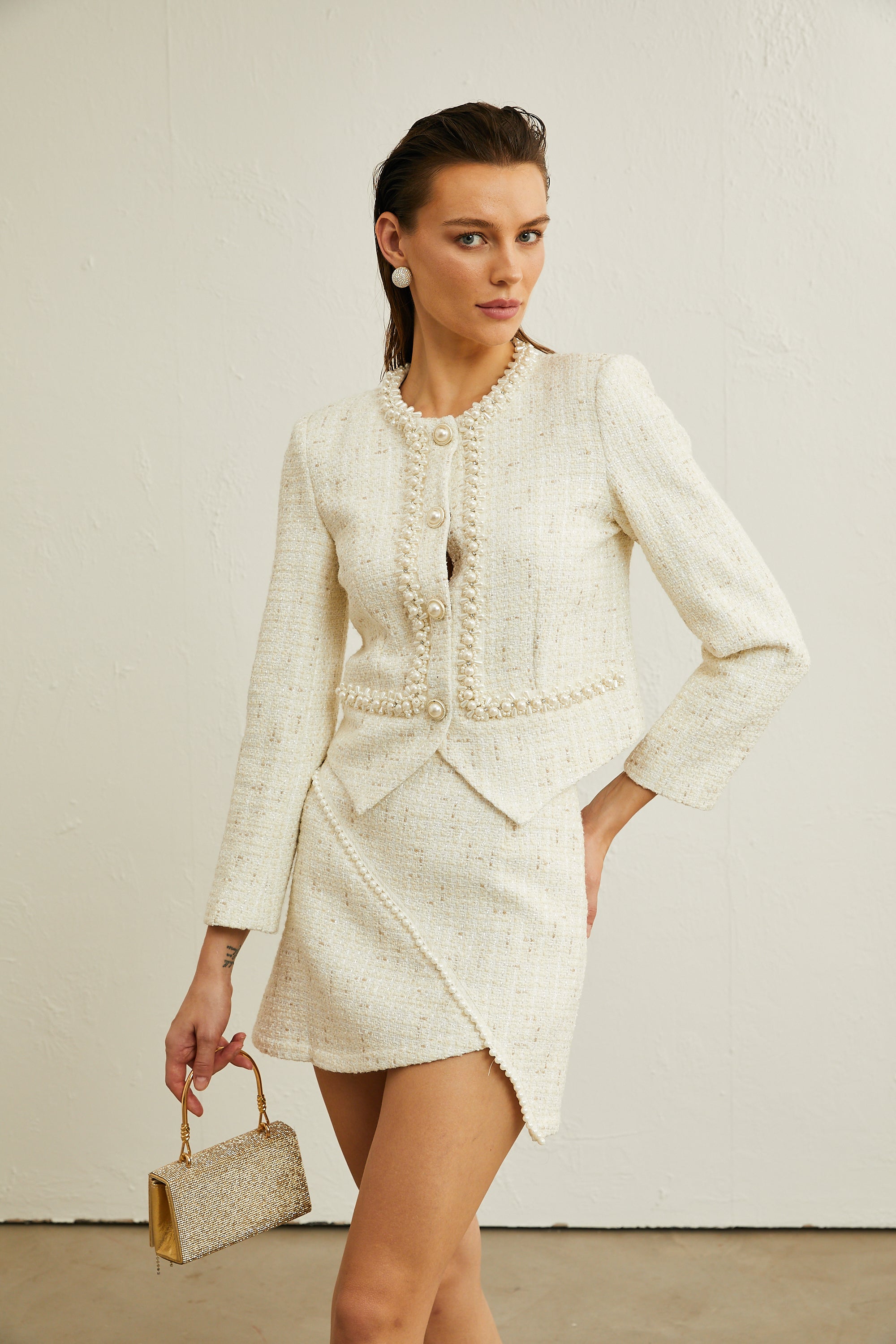 Manon faux-pearl asymmetric jacket & skirt matching set