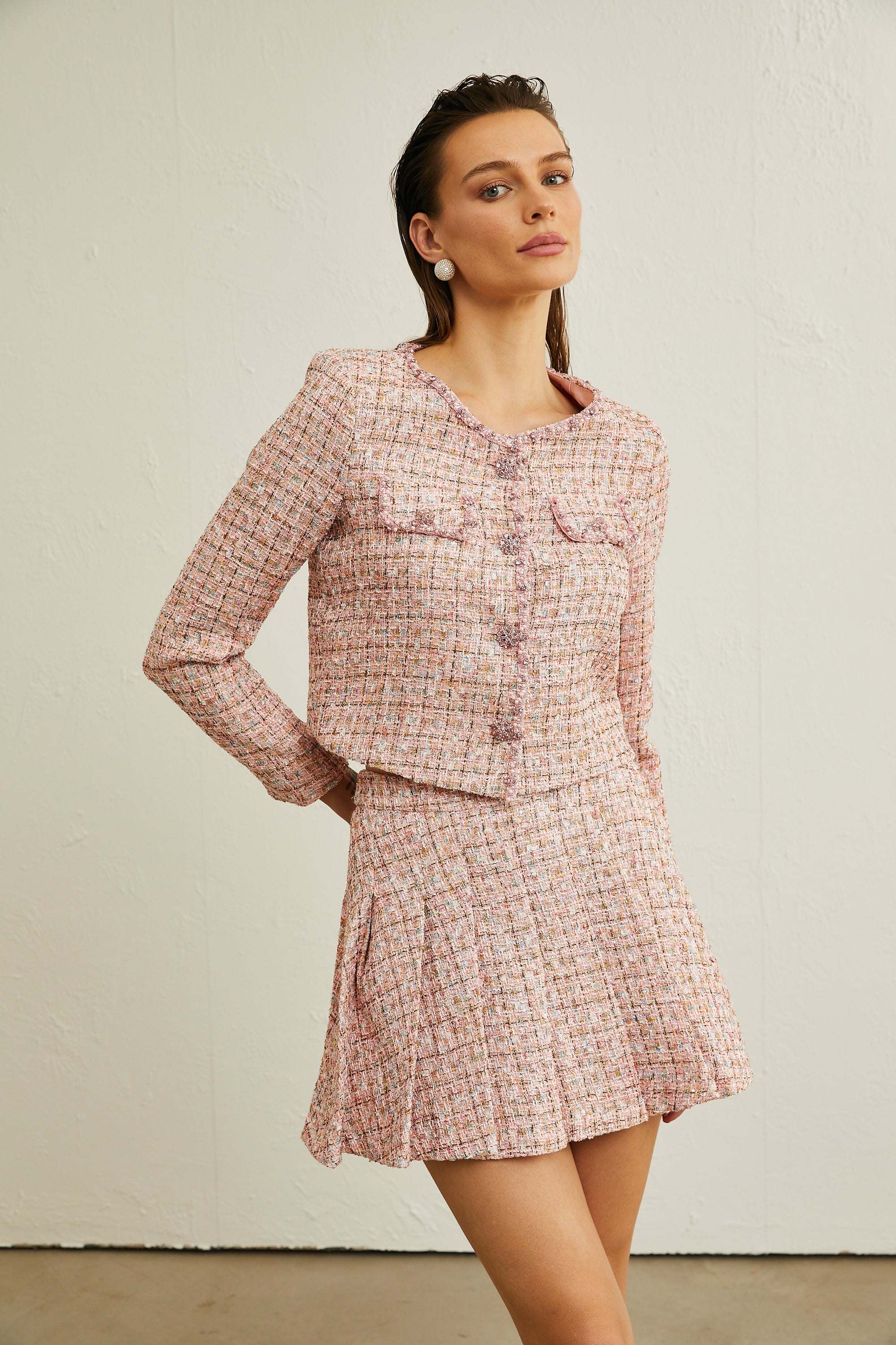 Léa pink tweed bead-embellished jacket