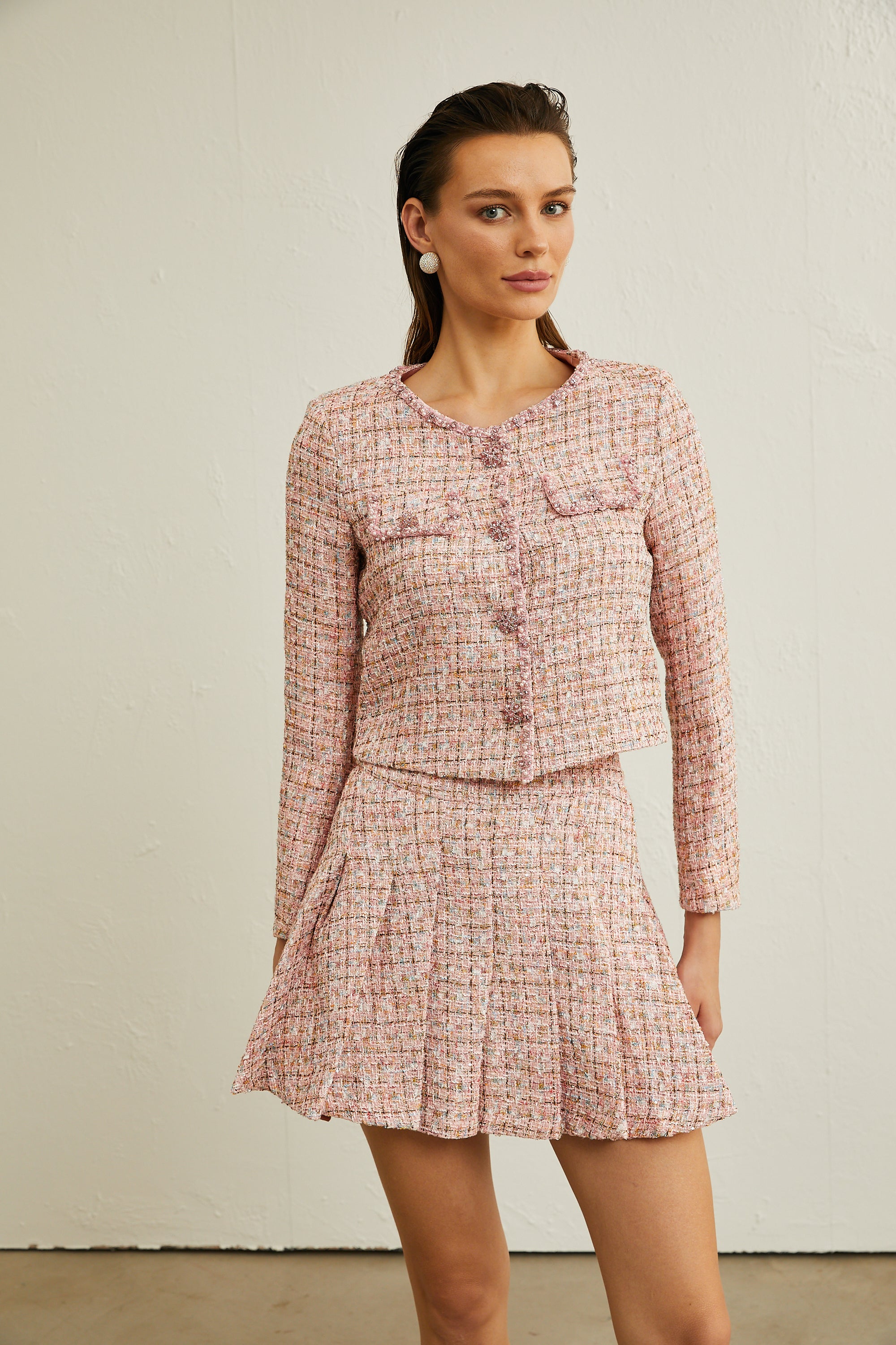 Léa pink tweed bead-embellished jacket