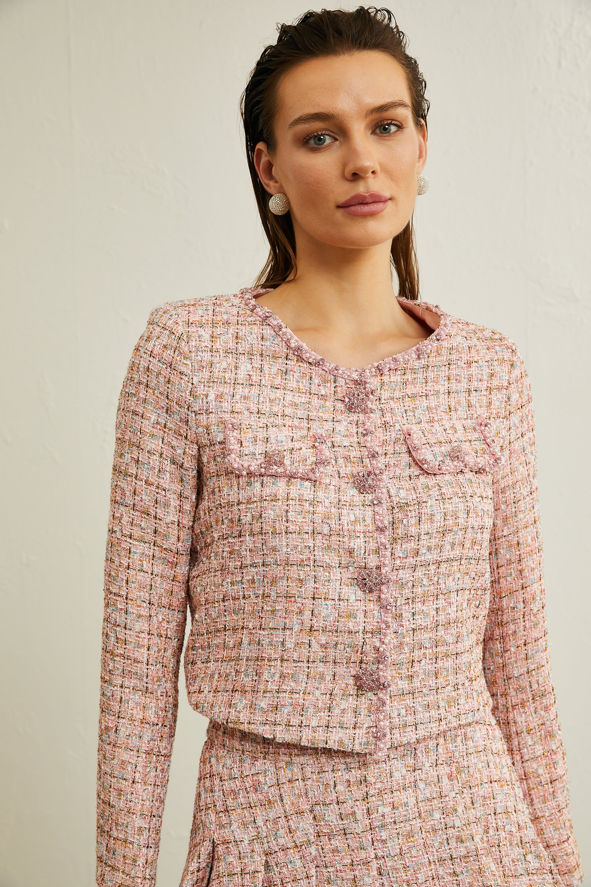 Léa pink tweed bead-embellished jacket