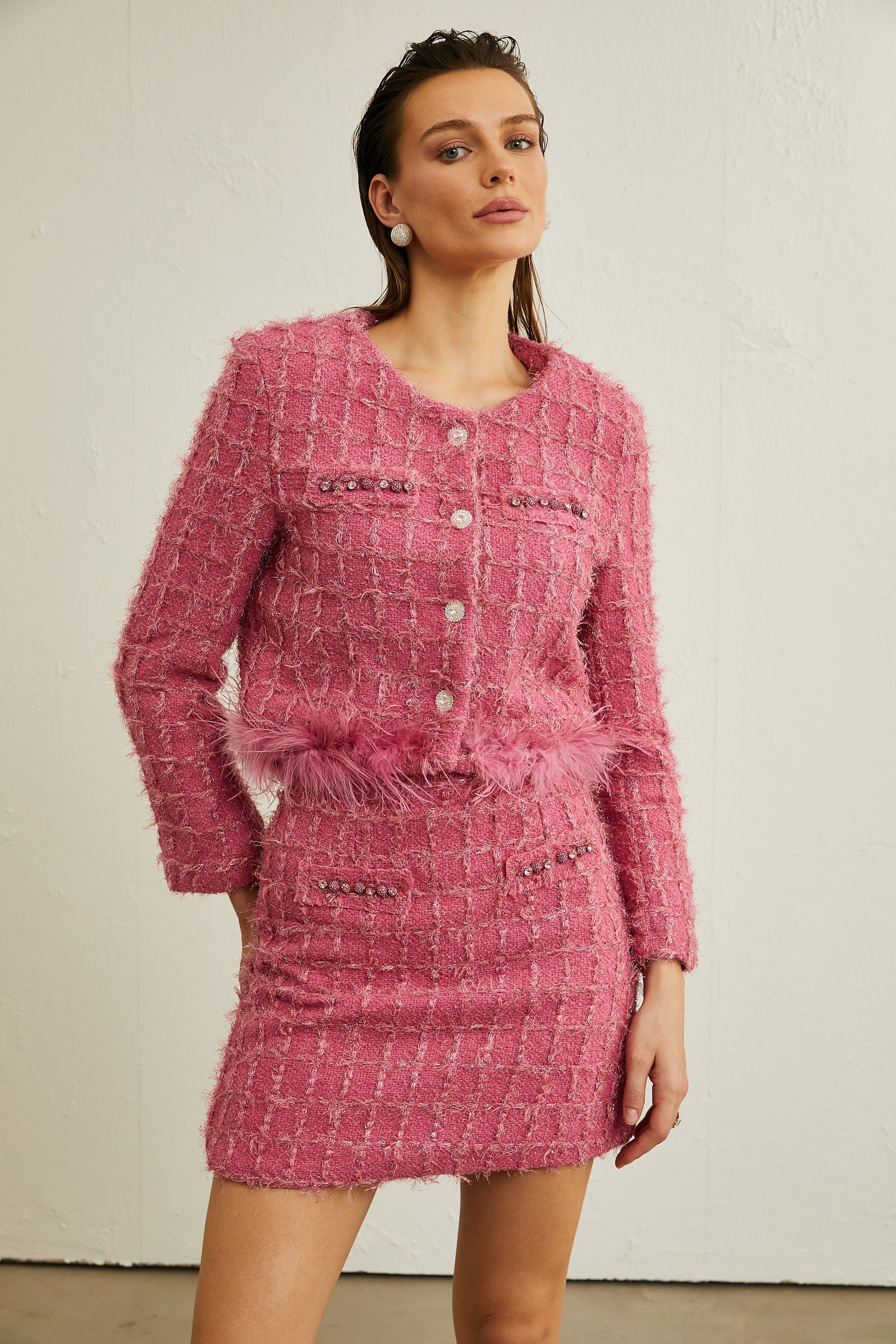 Gisèle tweed fringed jacket & skirt matching set