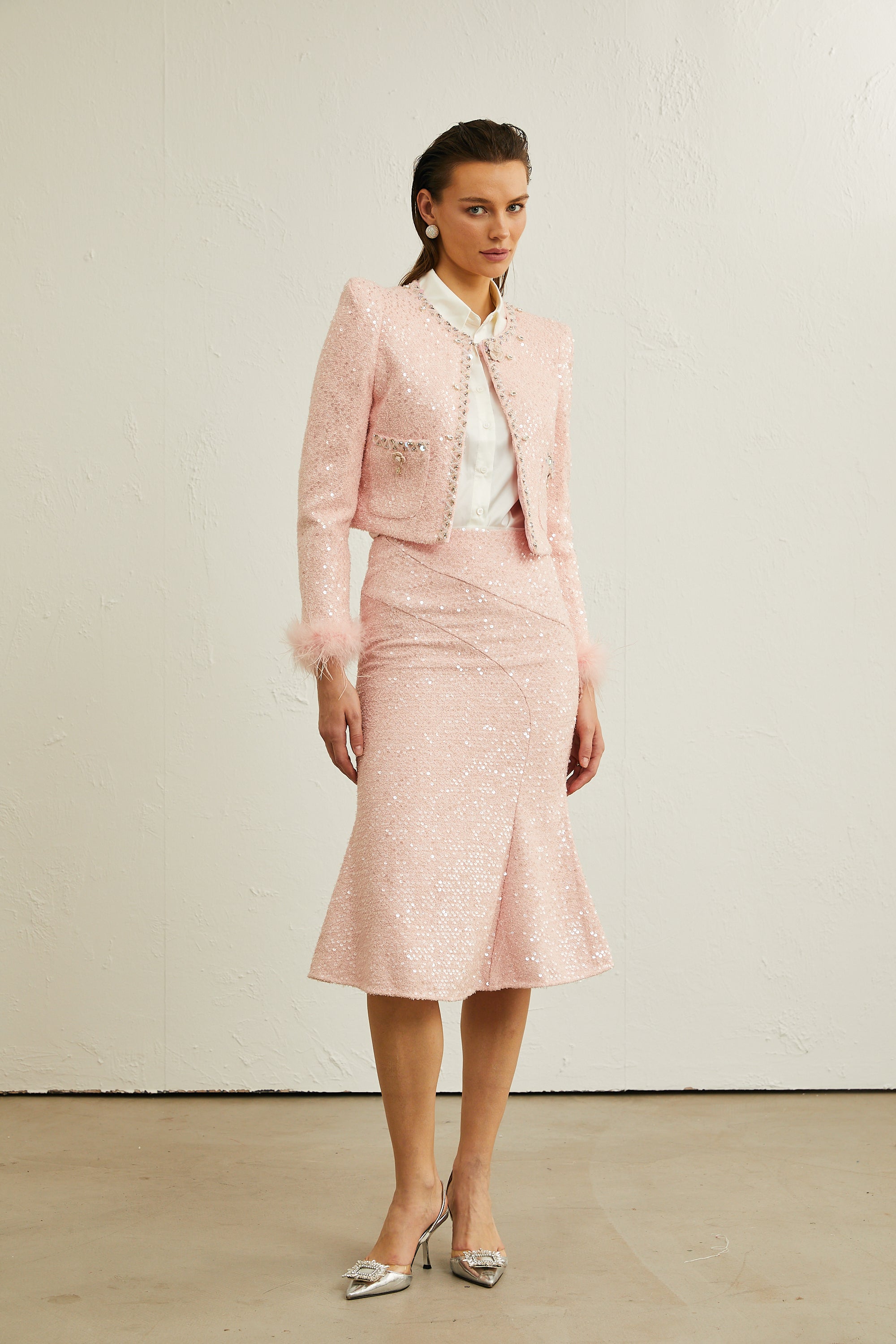 Léa pink sequined jacket & skirt matching set