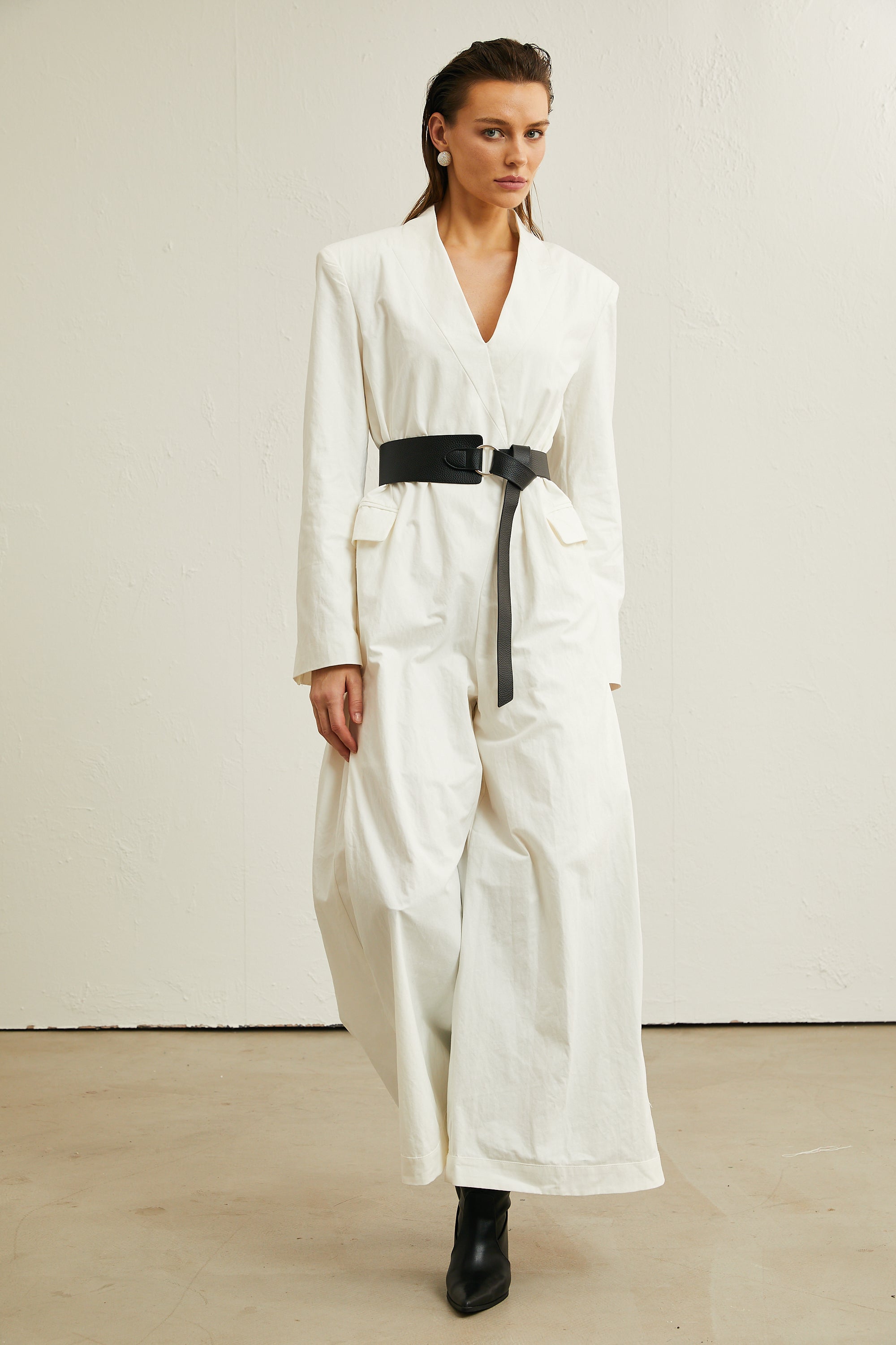 Thibaulte white belted V-neck jumpsuit