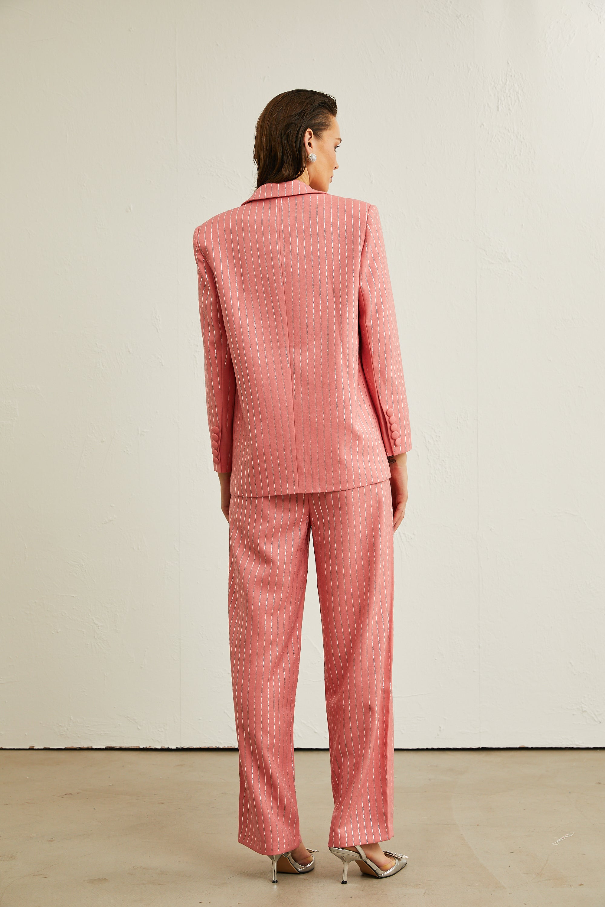 Sarah pink striped embellished jacket & trousers matching set