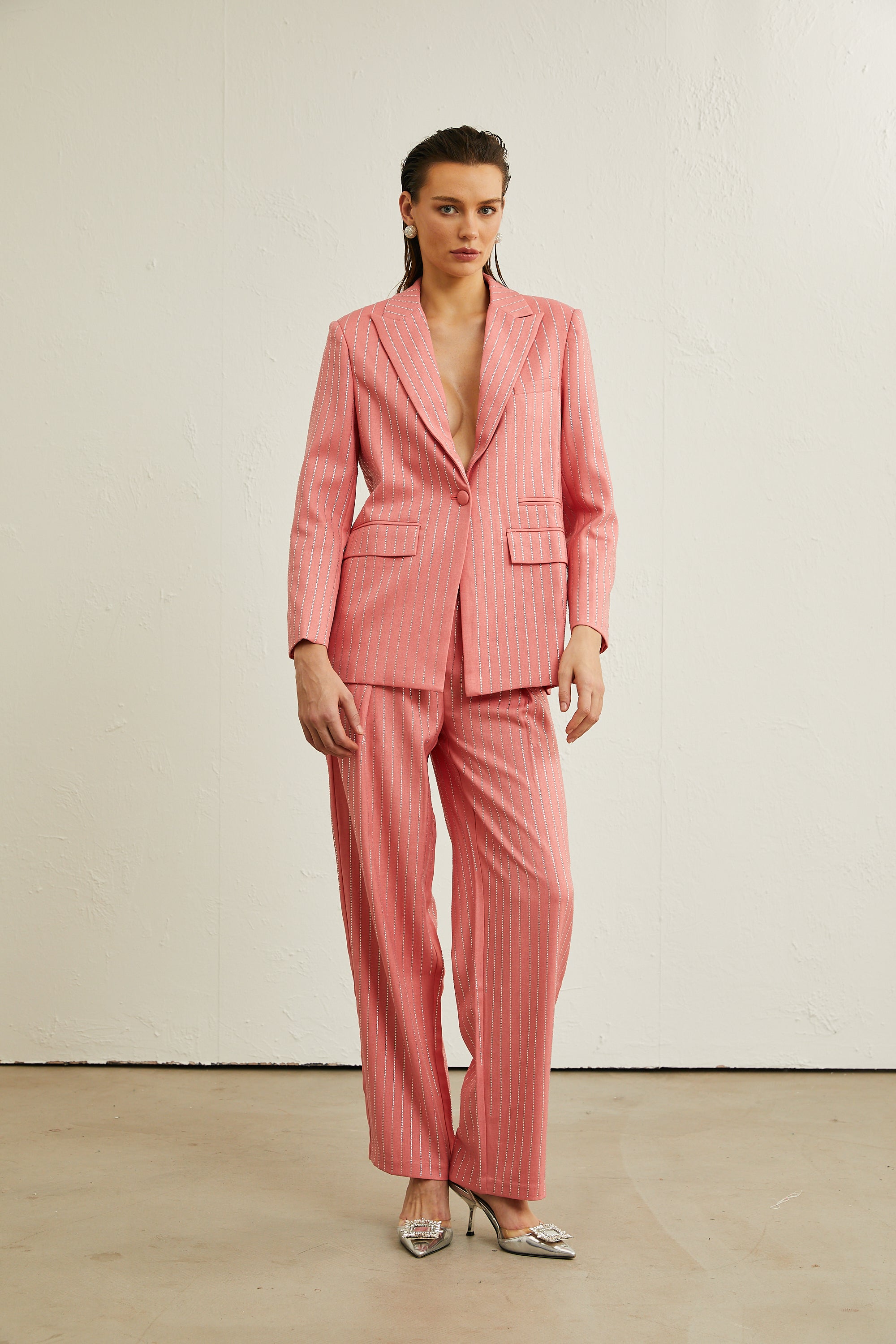 Sarah pink striped embellished jacket & trousers matching set