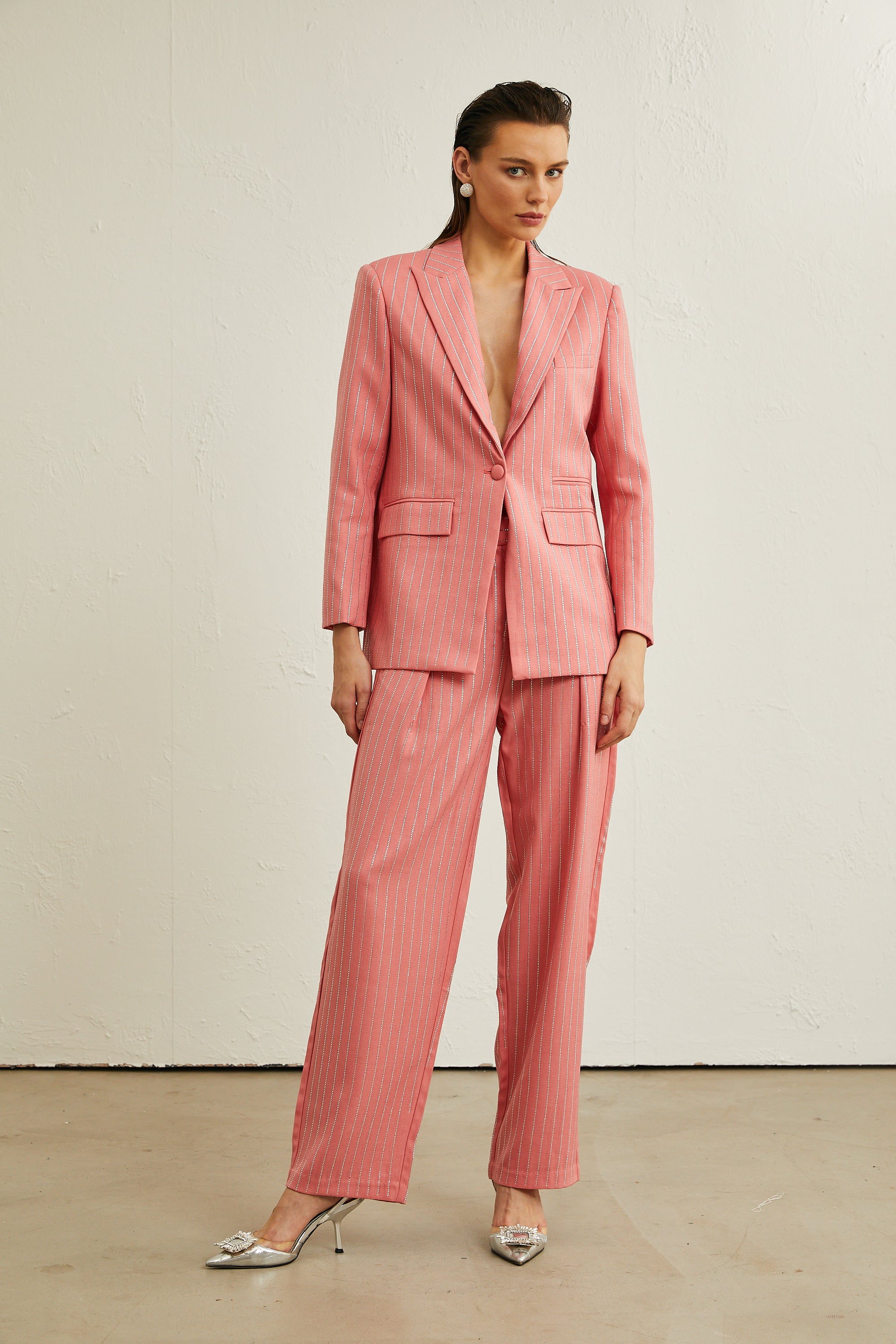 Sarah pink striped embellished jacket & trousers matching set