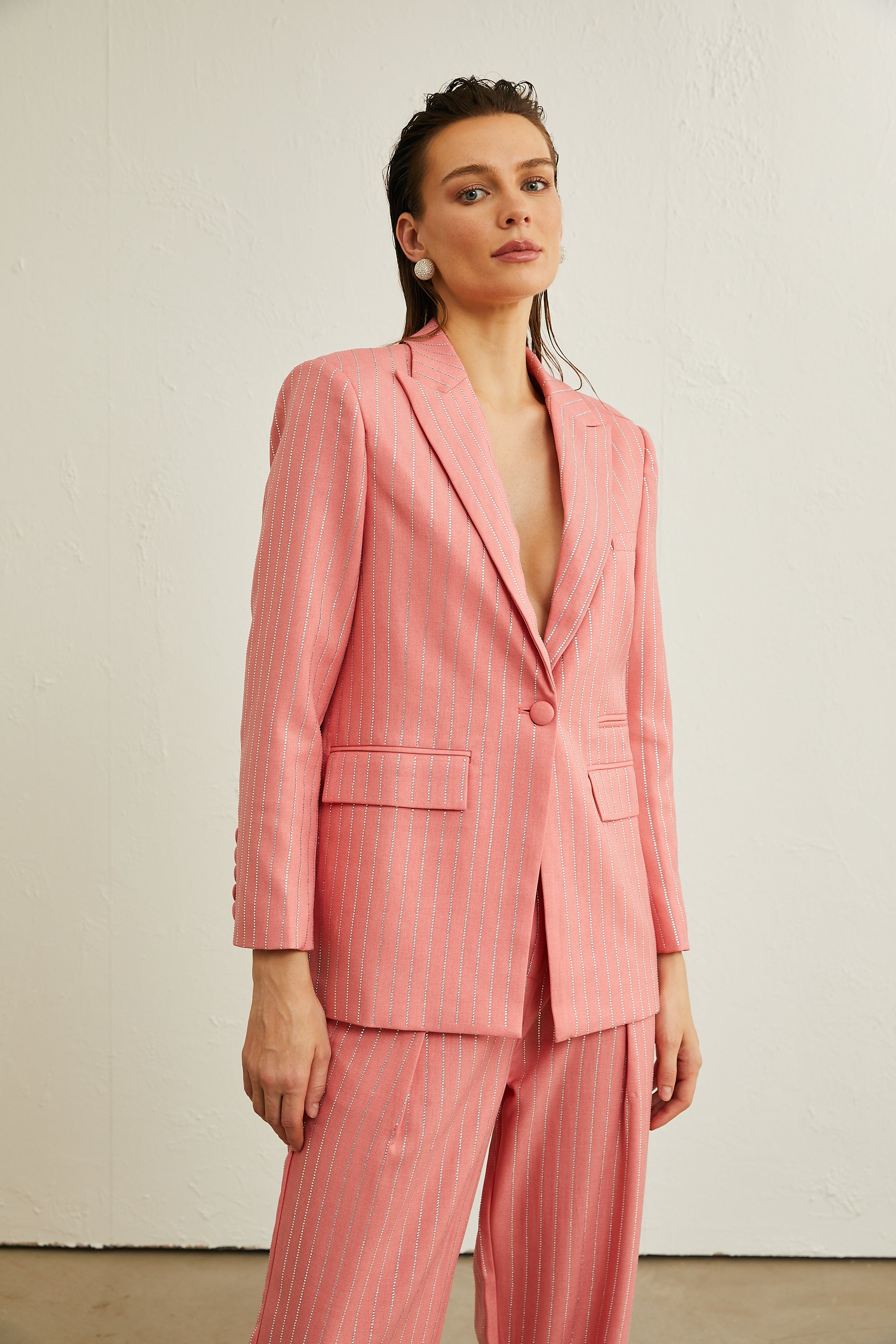 Sarah pink striped embellished jacket & trousers matching set