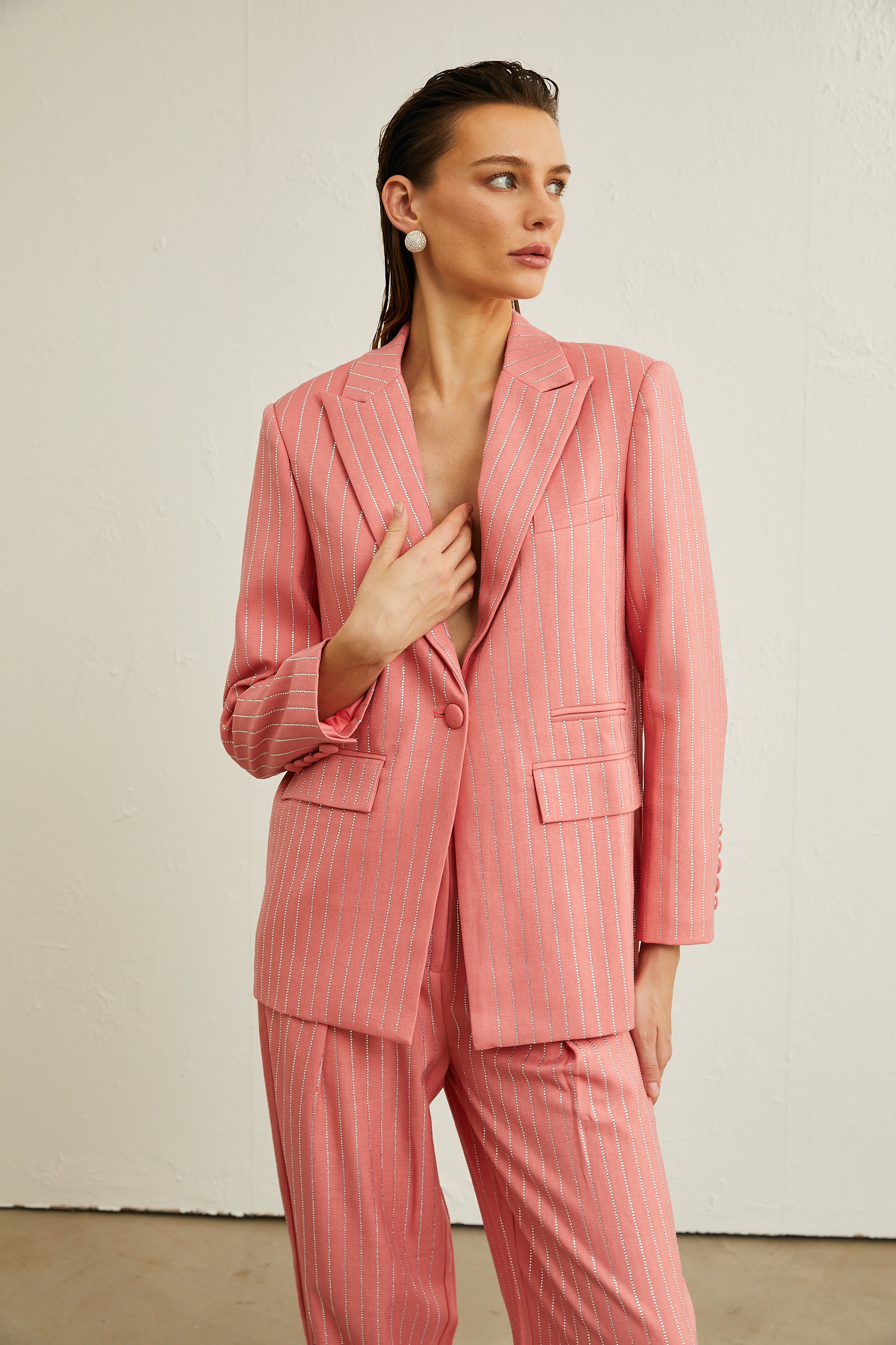 Sarah pink striped embellished jacket & trousers matching set