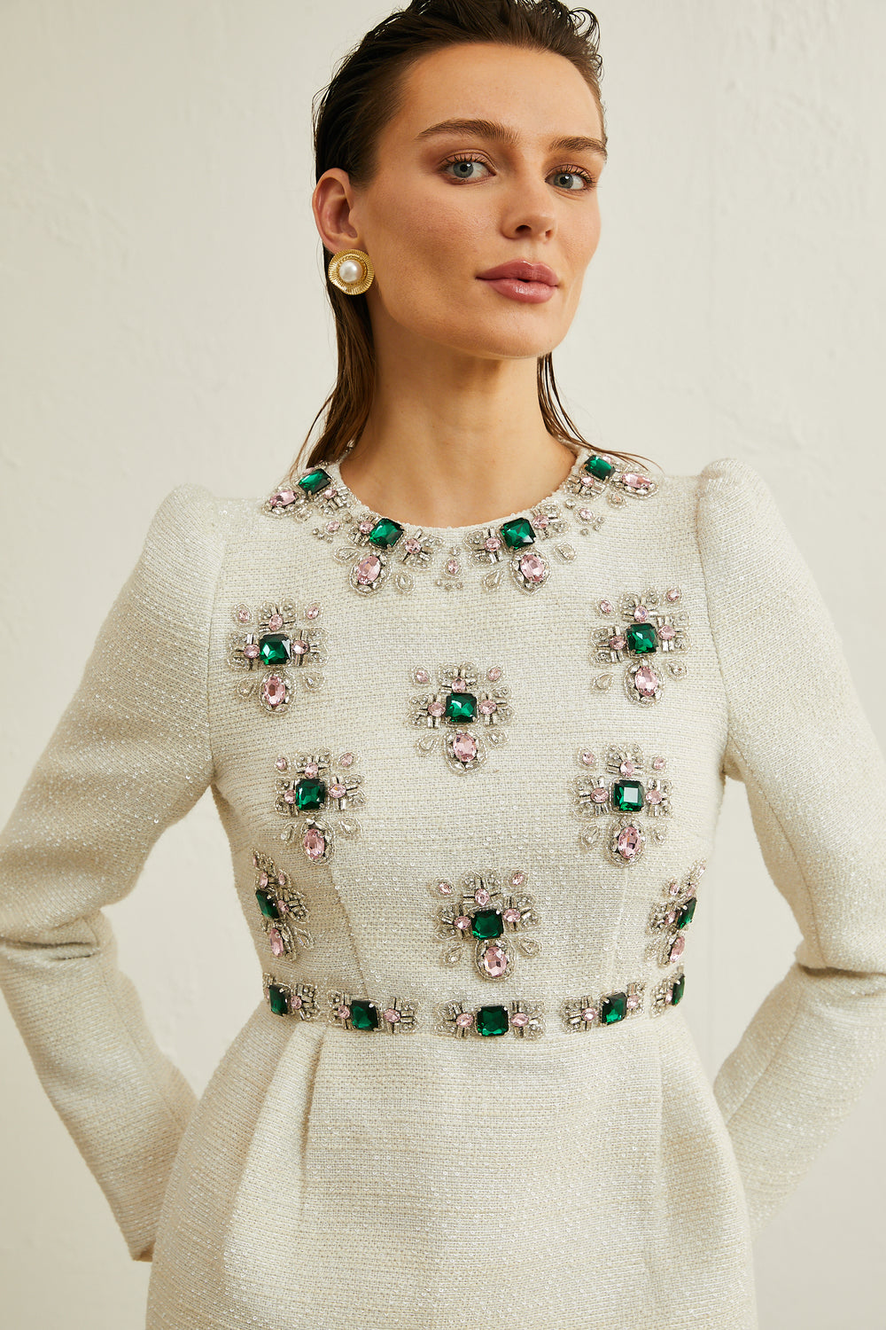 Tweed Mini Dress with Pearl Detailing – White