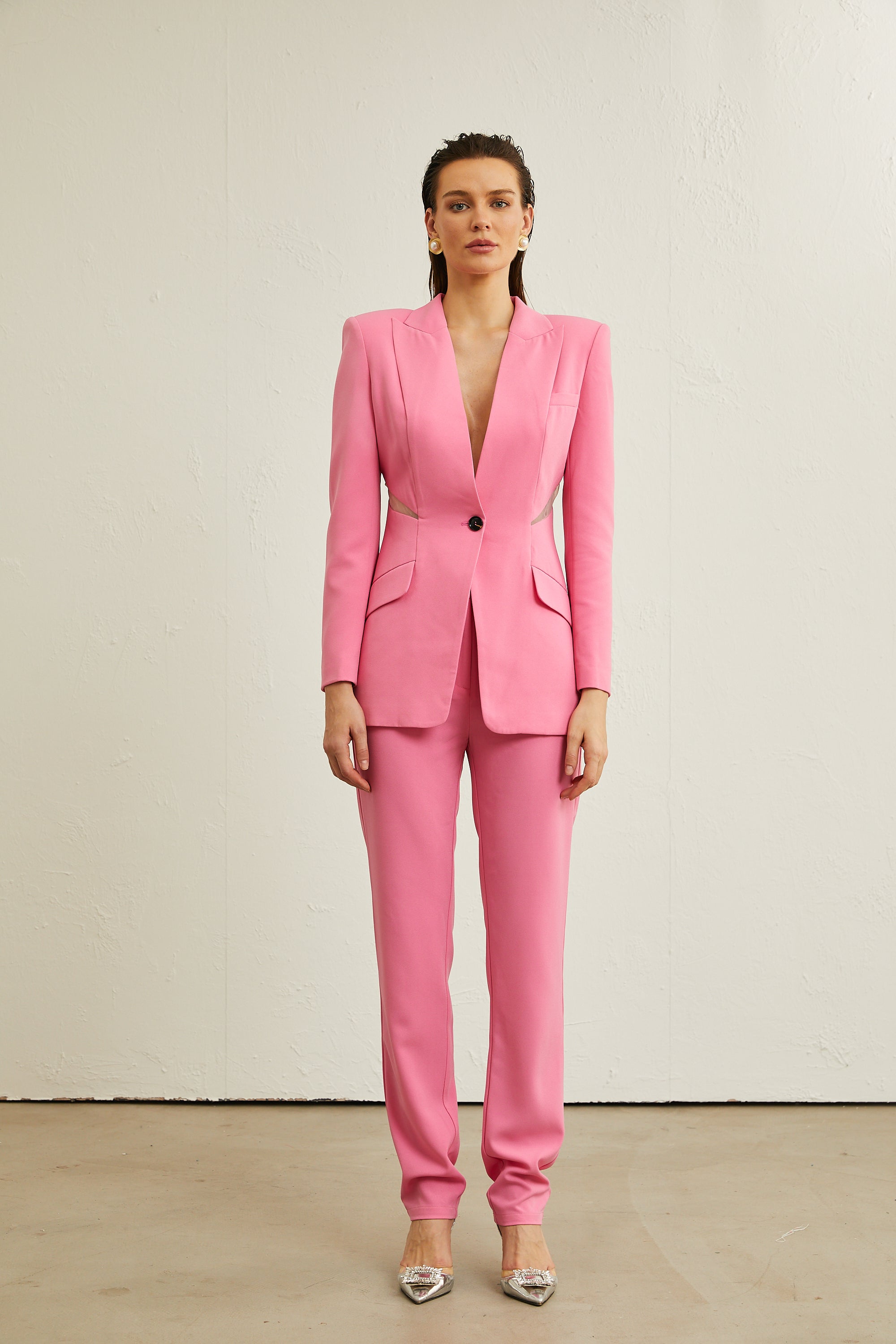 Gabrielle pink cut-out jacket & trousers matching set