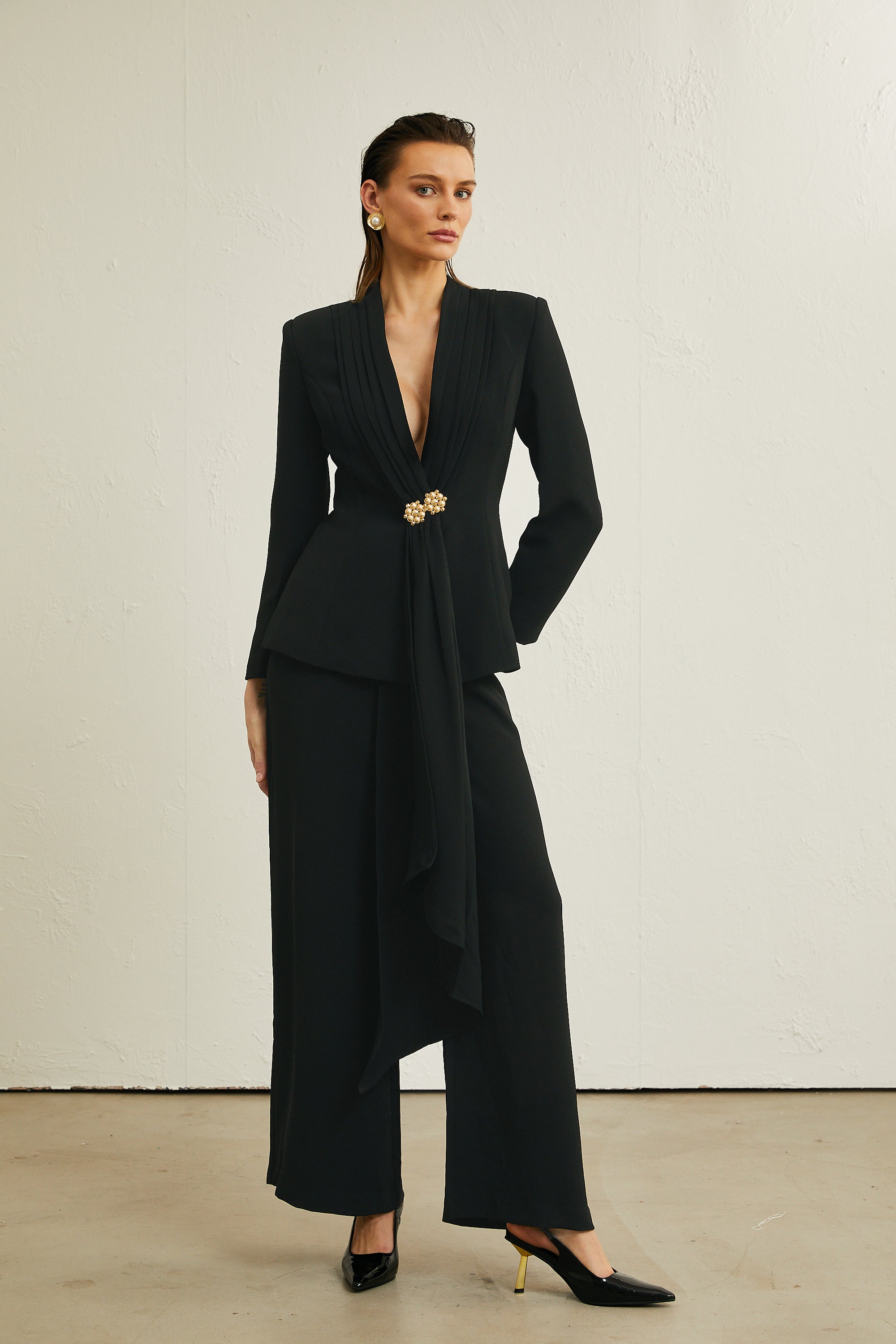 Suzanne black pleated jacket & trousers matching set