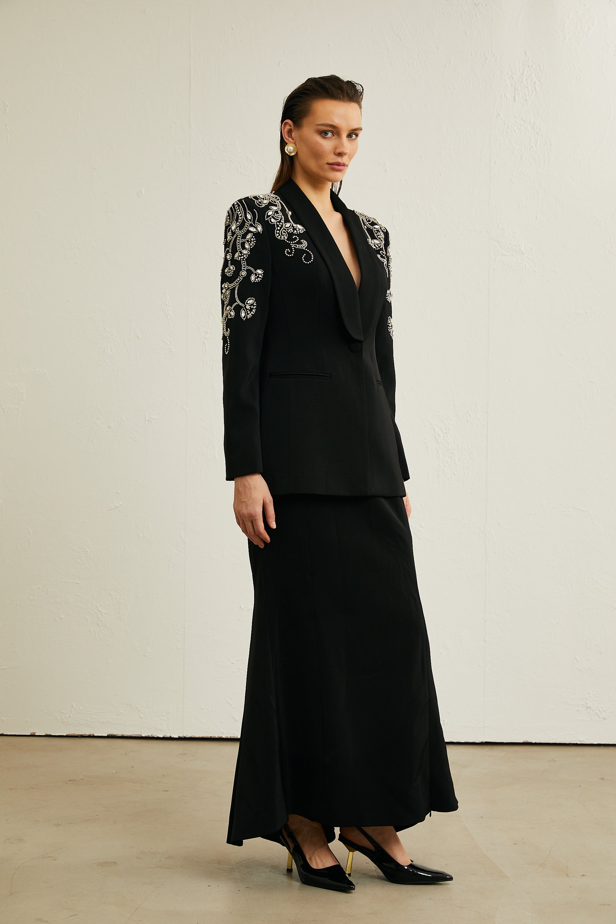 Morgane black embellished jacket & skirt matching set