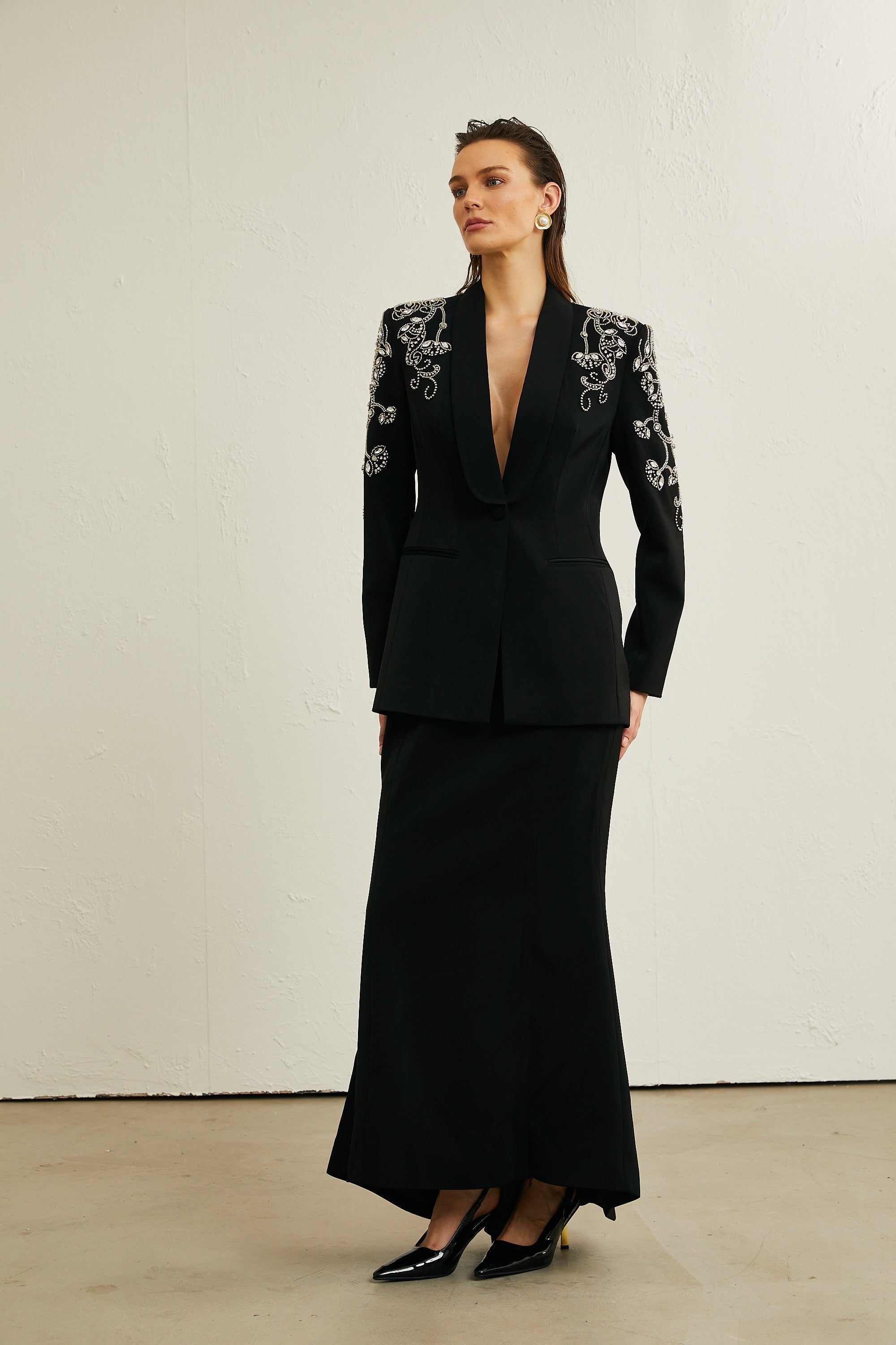 Morgane black embellished jacket & skirt matching set