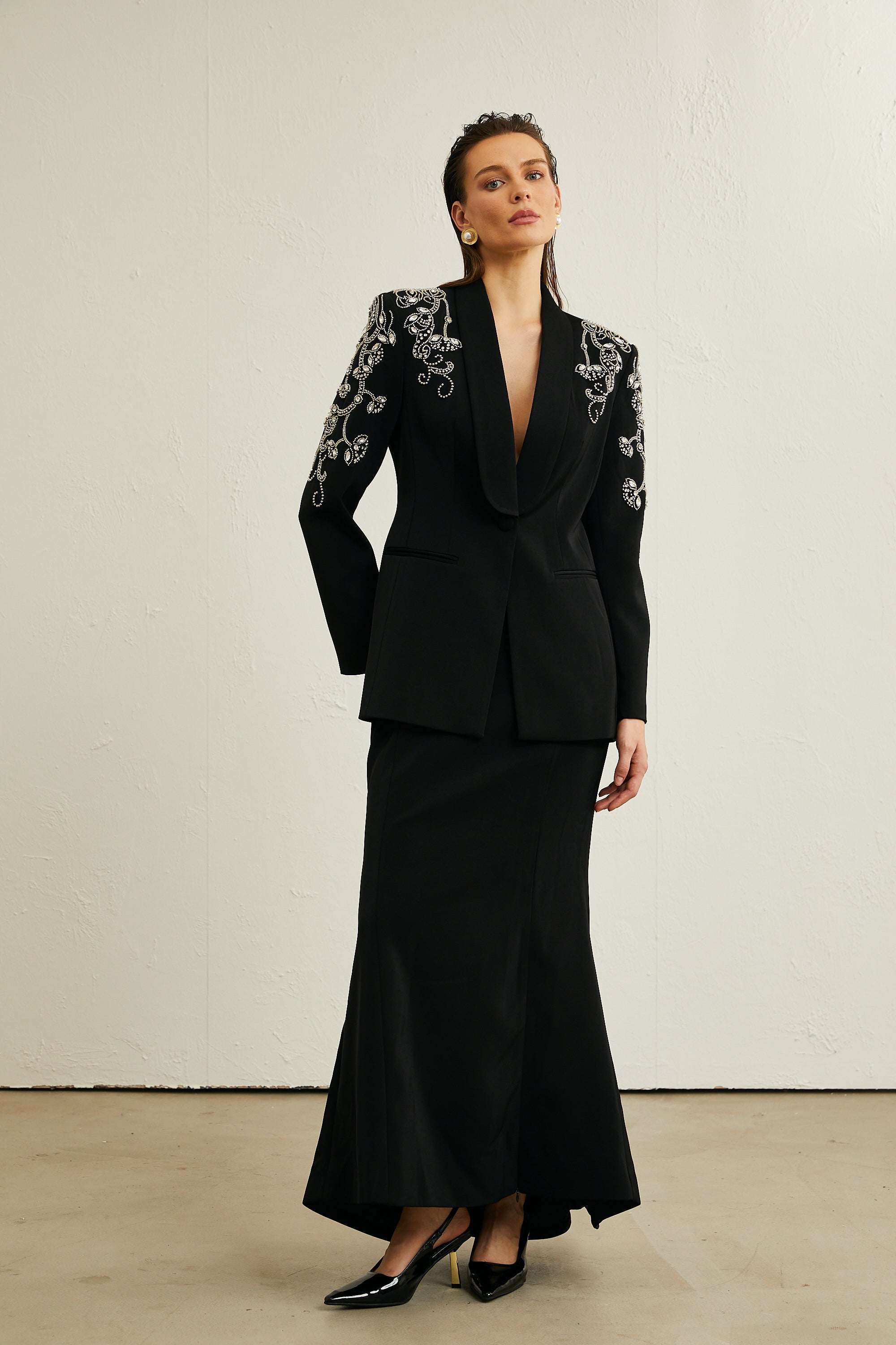 Morgane black embellished jacket & skirt matching set