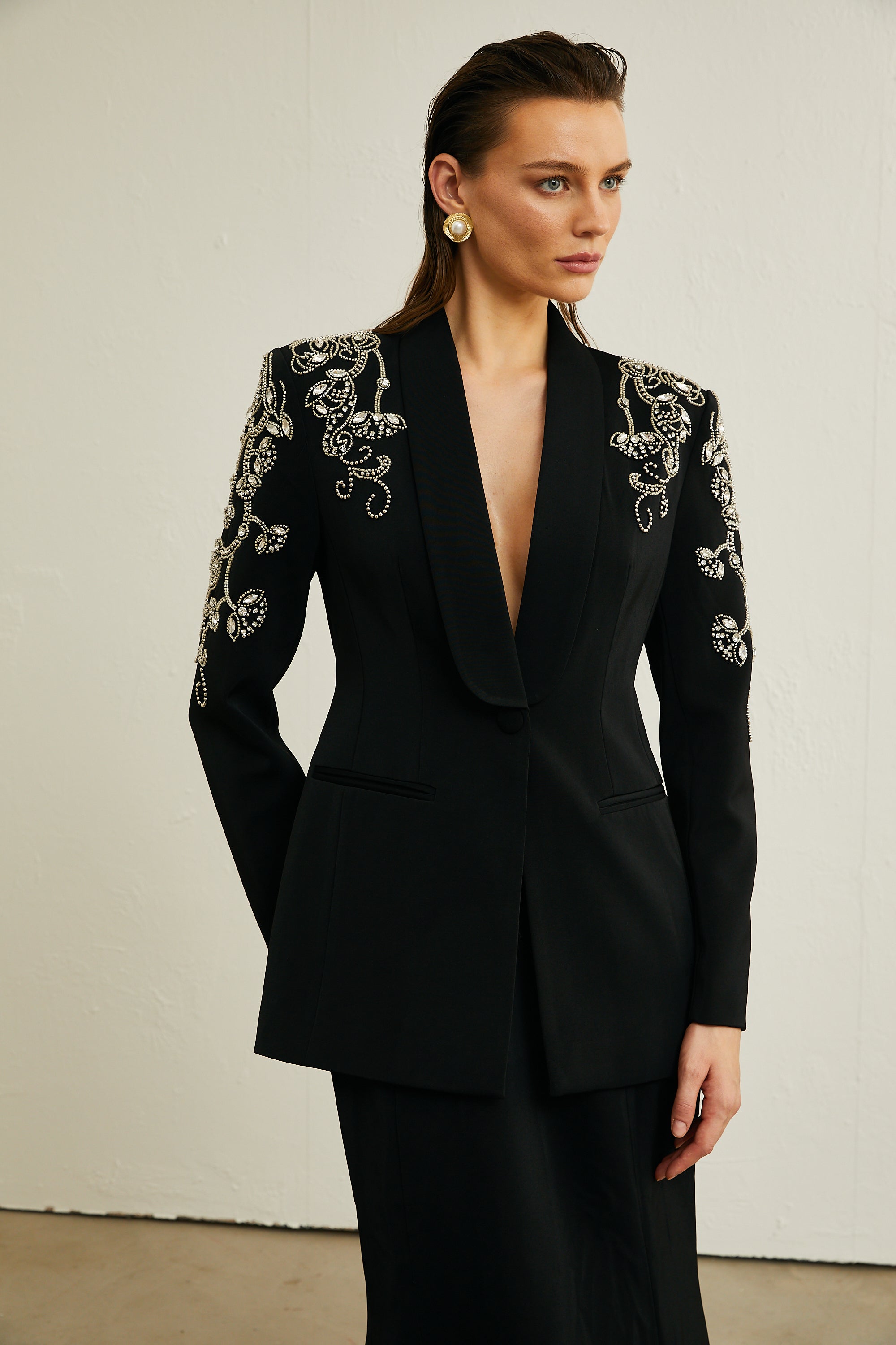 Morgane black embellished jacket & skirt matching set