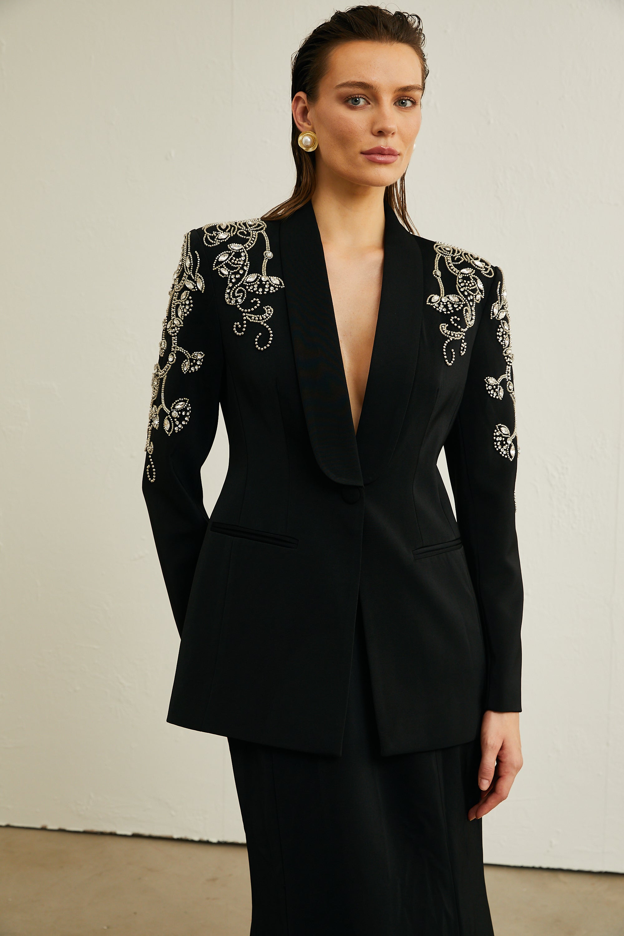 Morgane black embellished jacket & skirt matching set