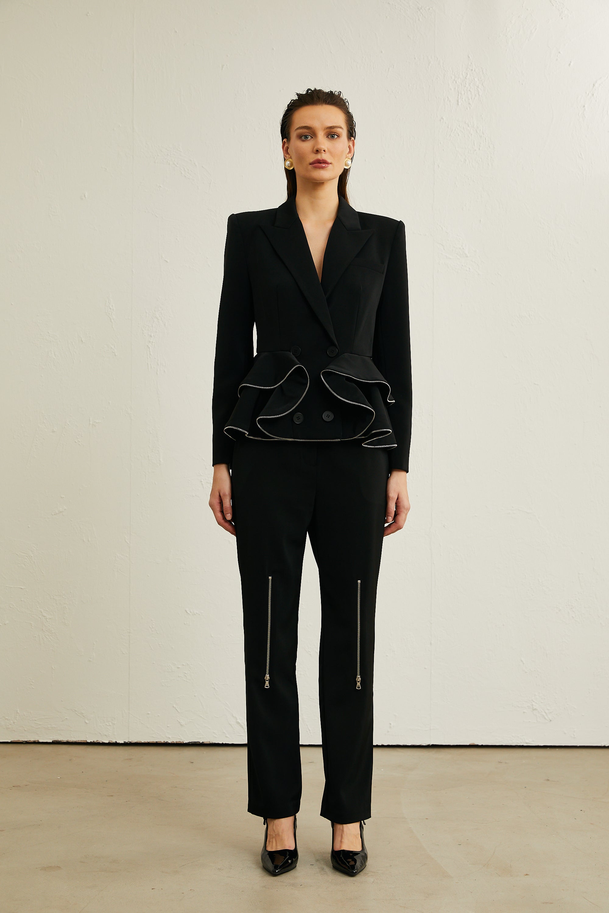 Élise black zip-detail jacket & trousers matching set