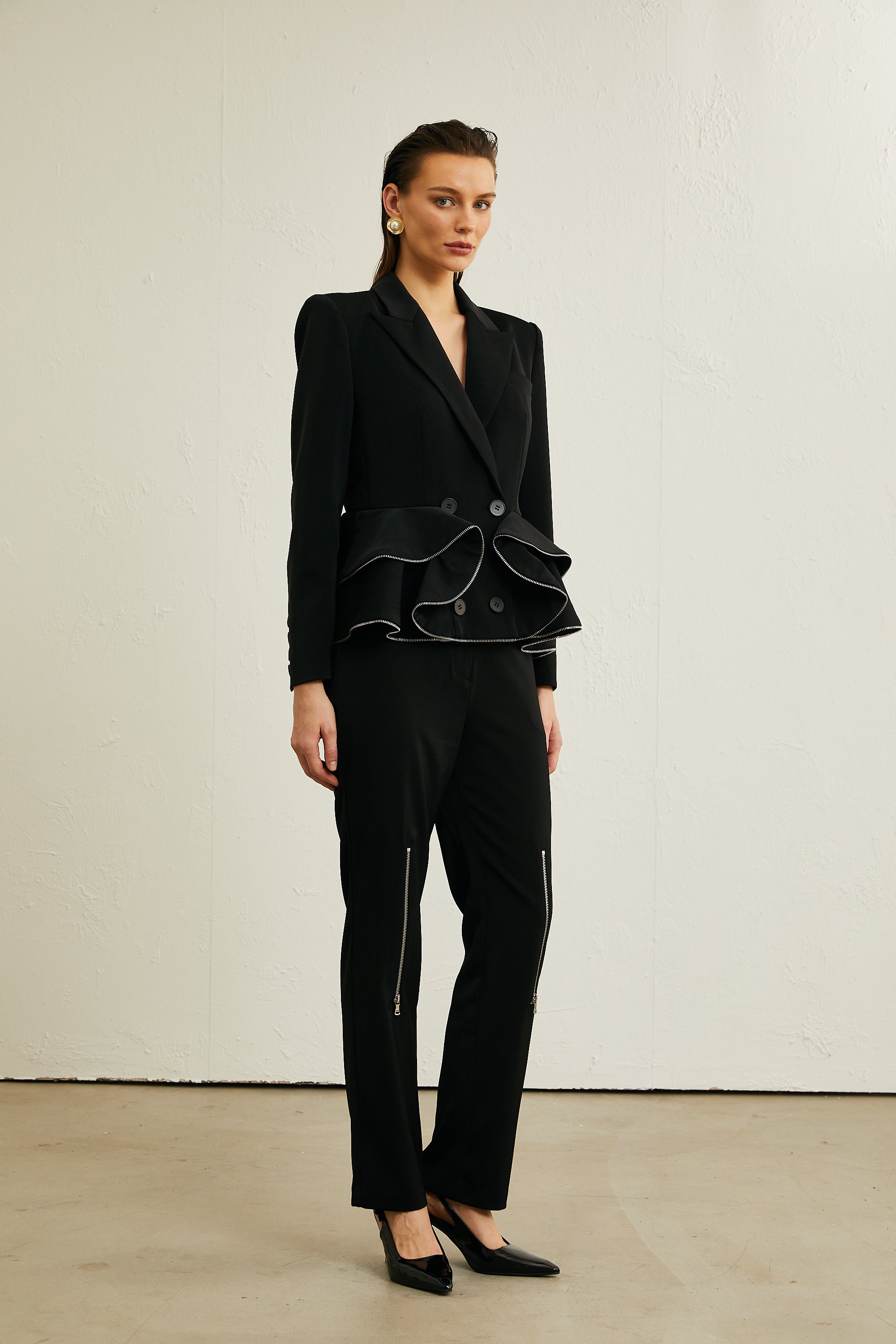 Élise black zip-detail jacket & trousers matching set