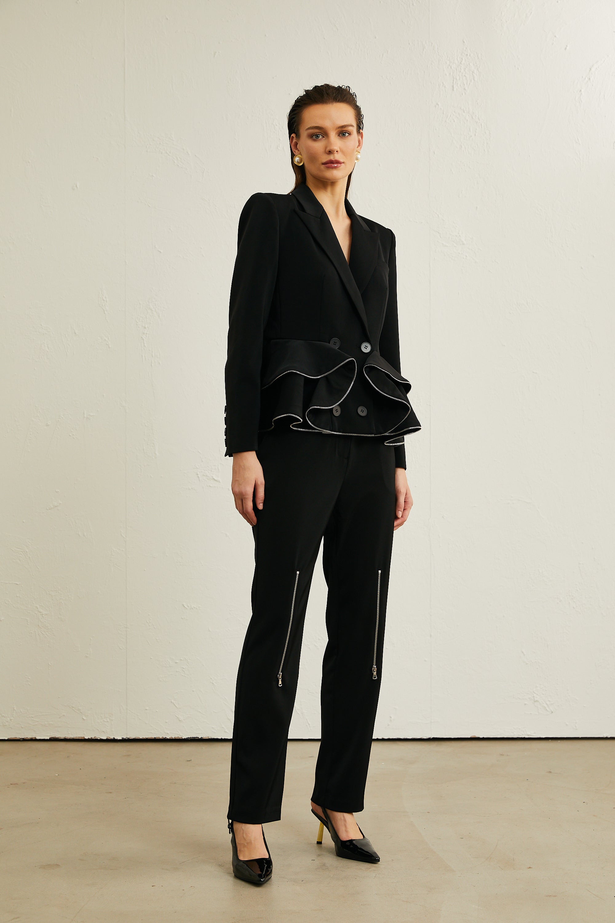 Élise black zip-detail jacket & trousers matching set