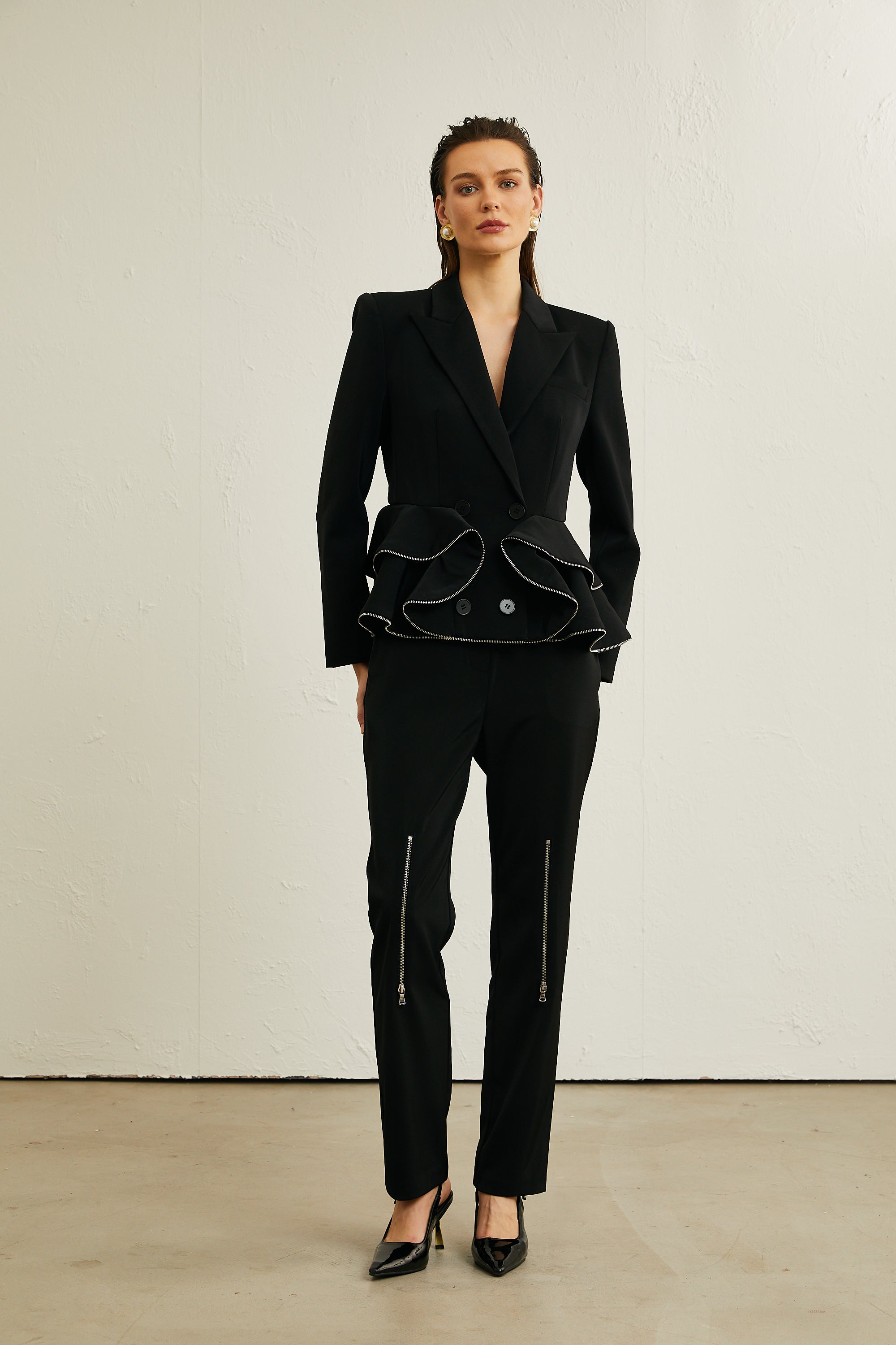 Élise black zip-detail jacket & trousers matching set